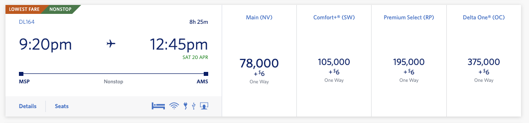 A Delta flight from Minneapolis to Amsterdam booked using Delta miles