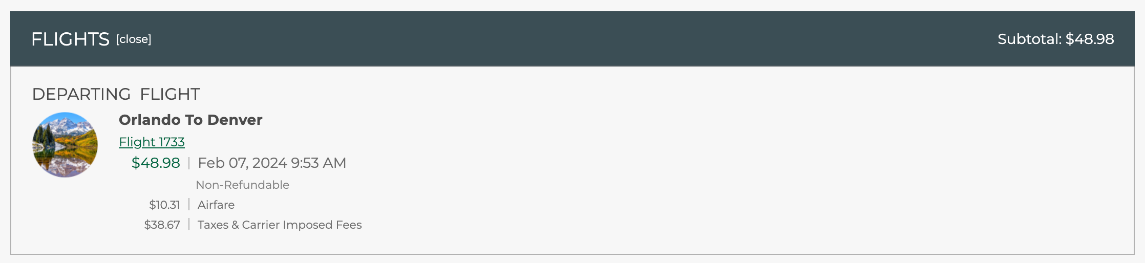 A one-way Frontier flight from Orlando to Denver for $48.98