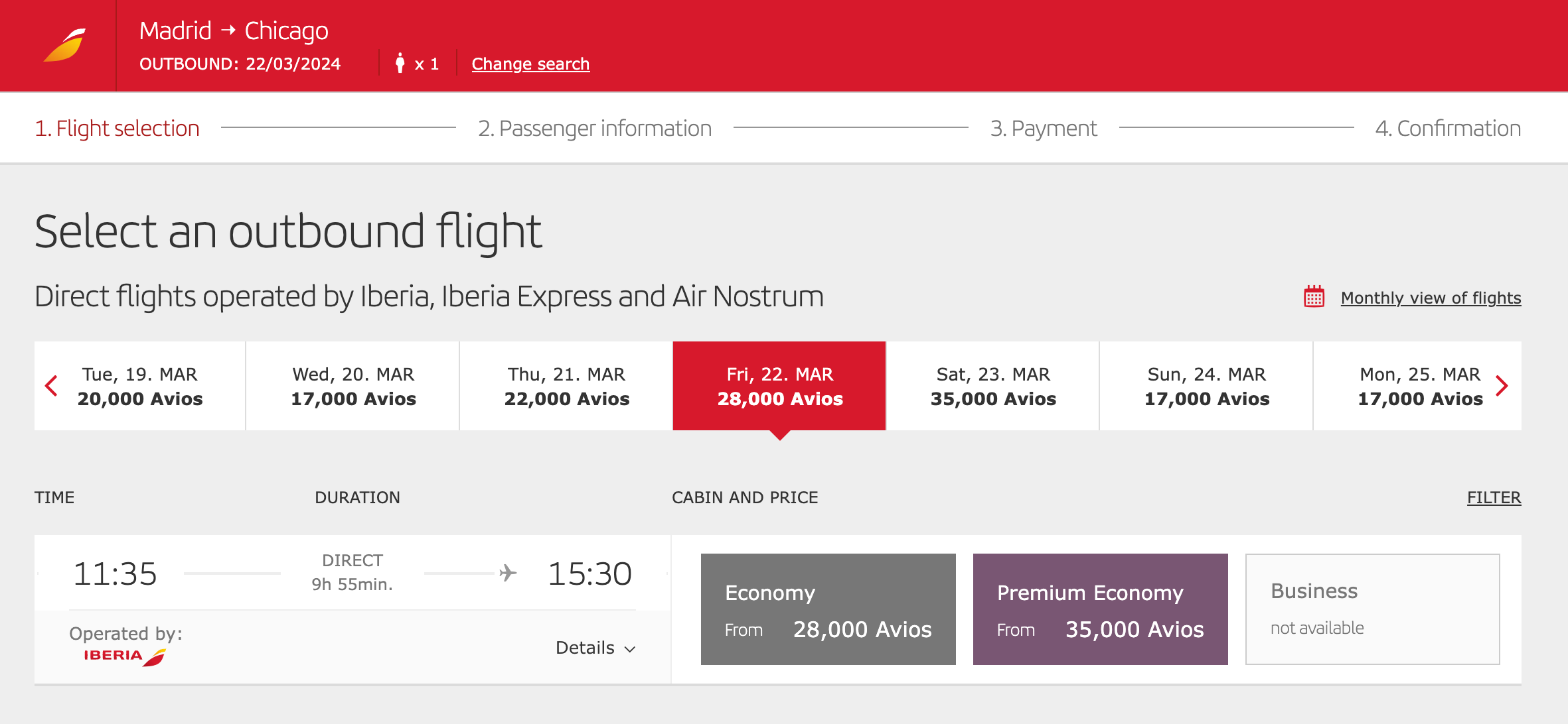 An Iberia award flight from Chicago to Madrid