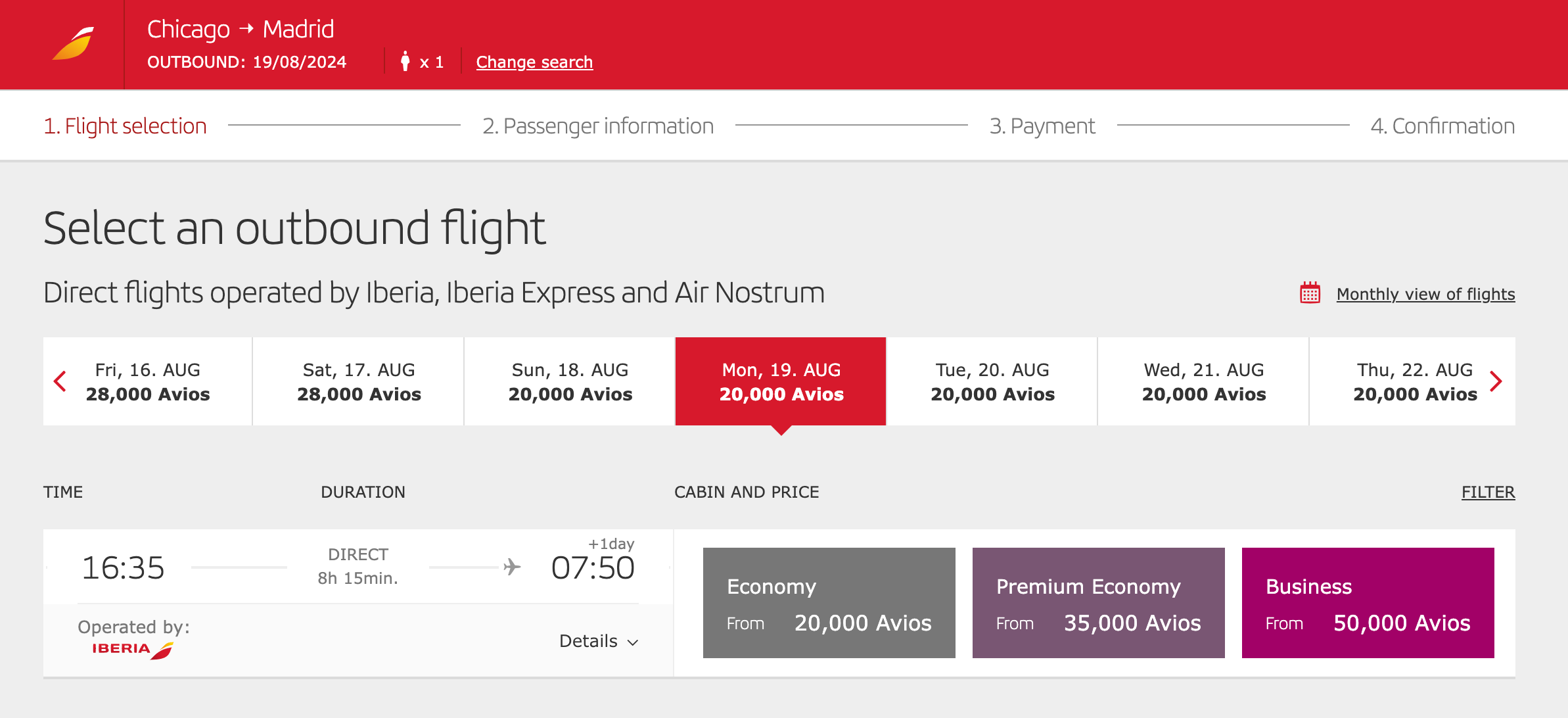 An Iberia award flight from Chicago to Madrid