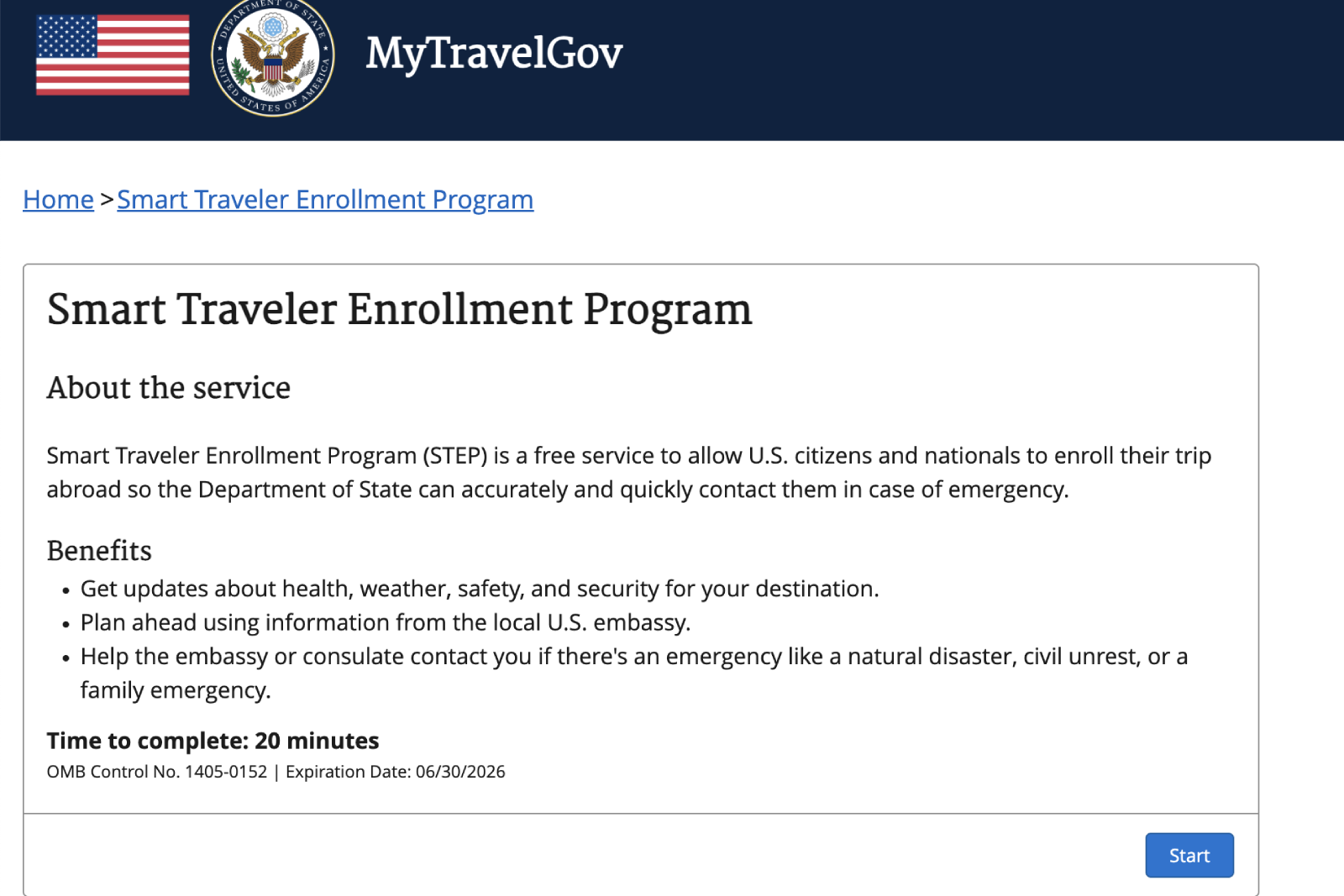 Smart Traveler Enrollment Program sign up page