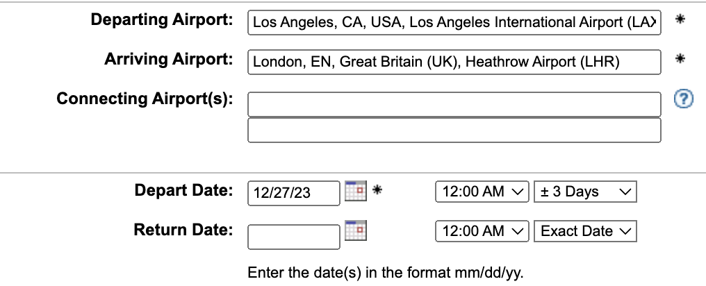 Searching from LAX to LHR ExpertFlyer