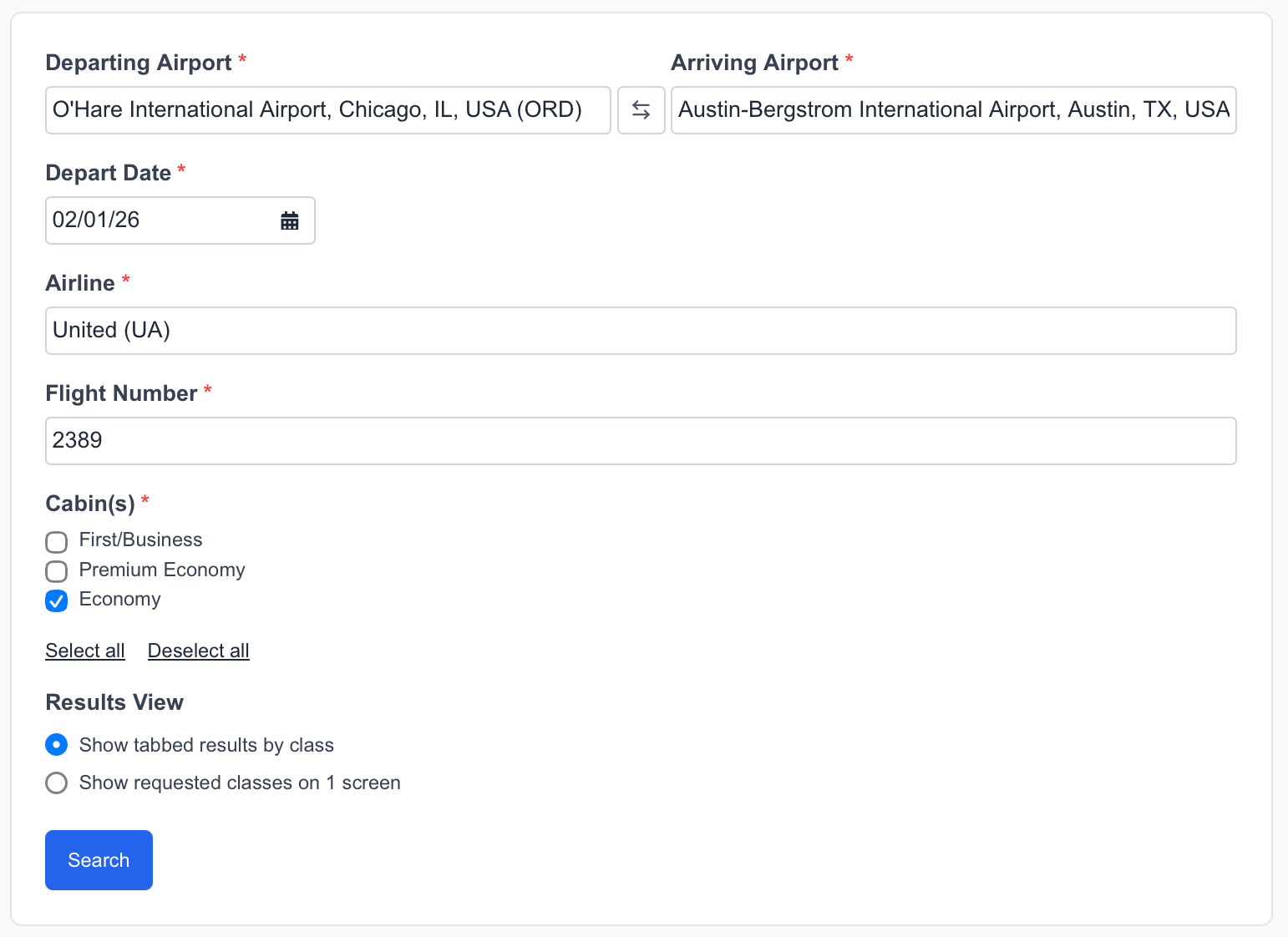 Setting up a seat map search in ExpertFlyer
