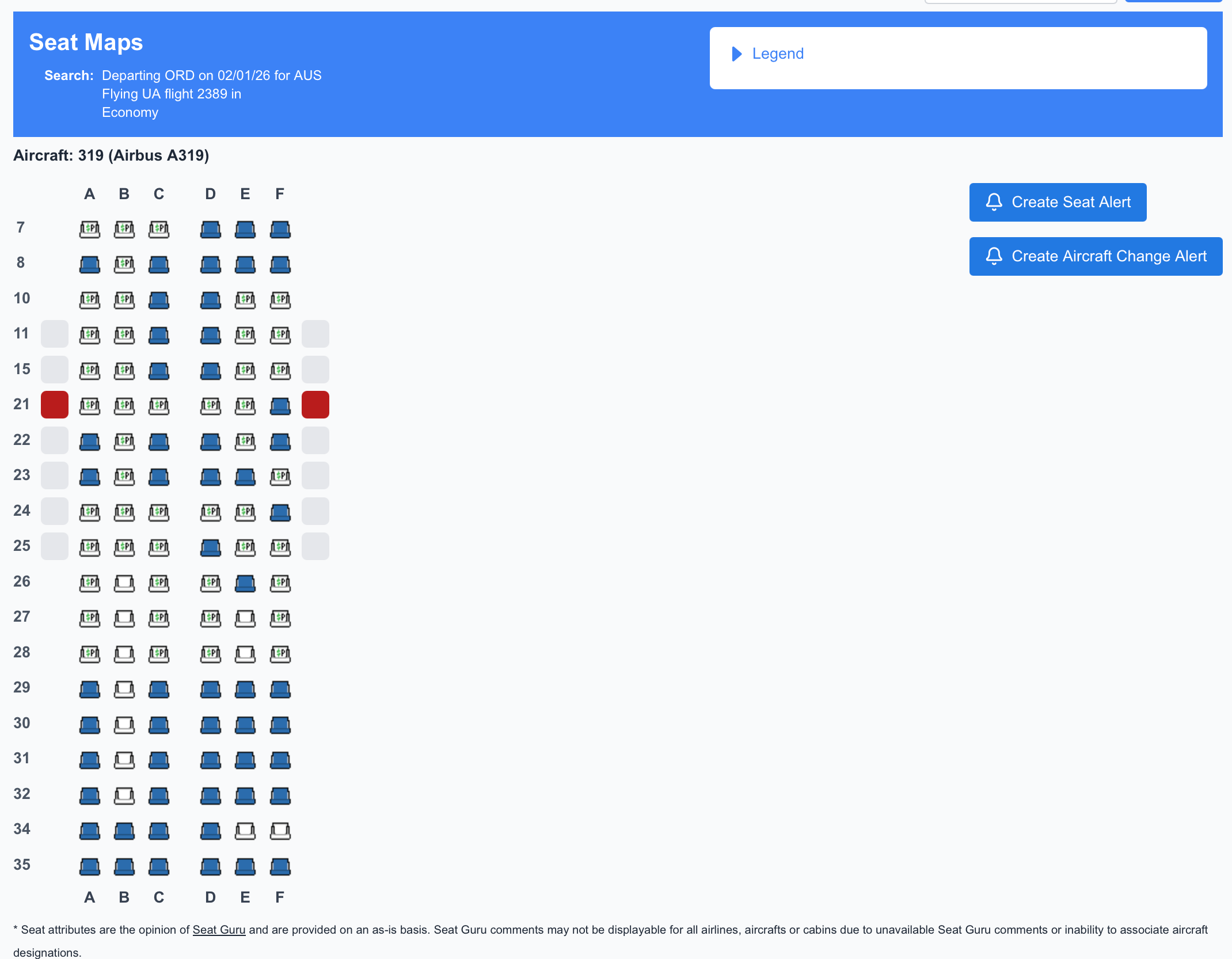 United Airlines seat map in ExpertFlyer