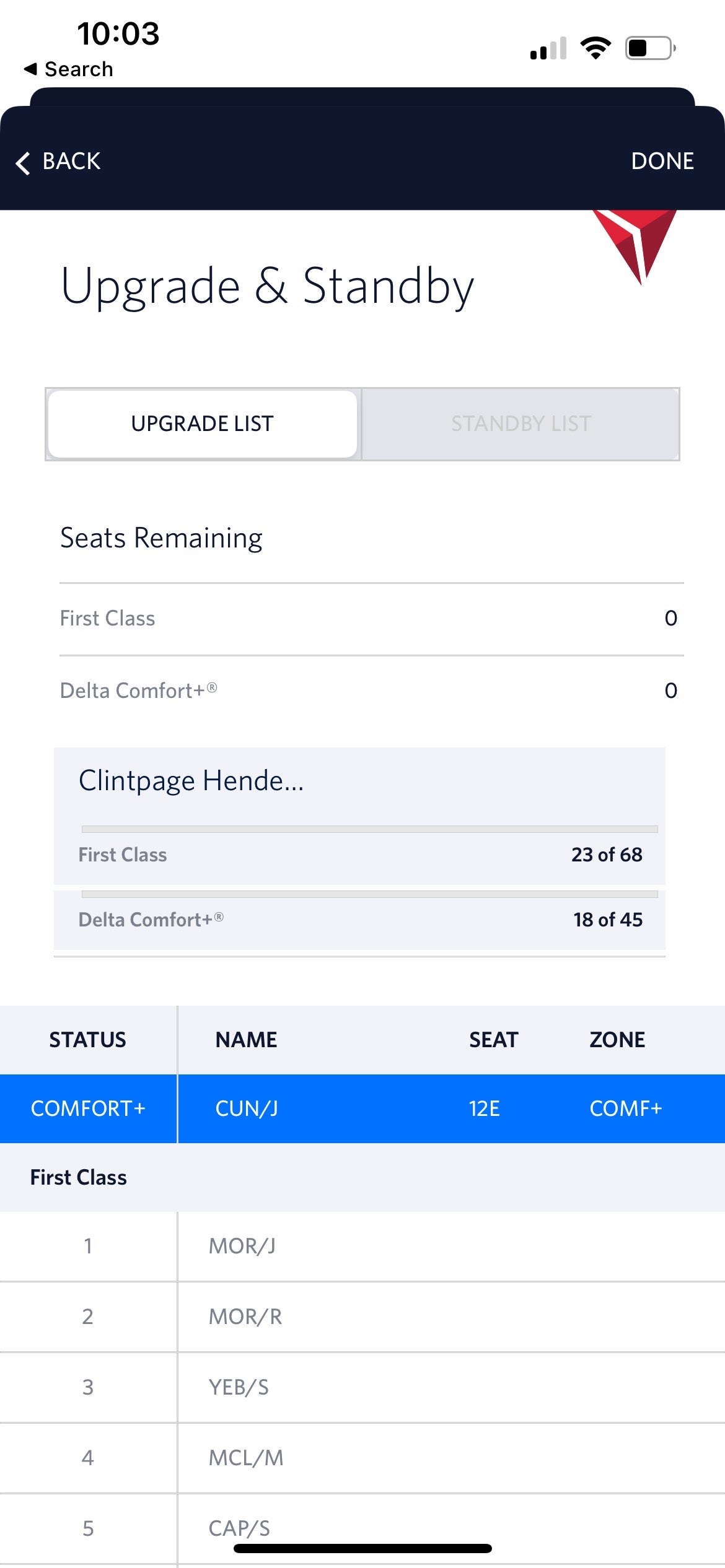 Upgrade list on Delta flight from SLC to JFK.