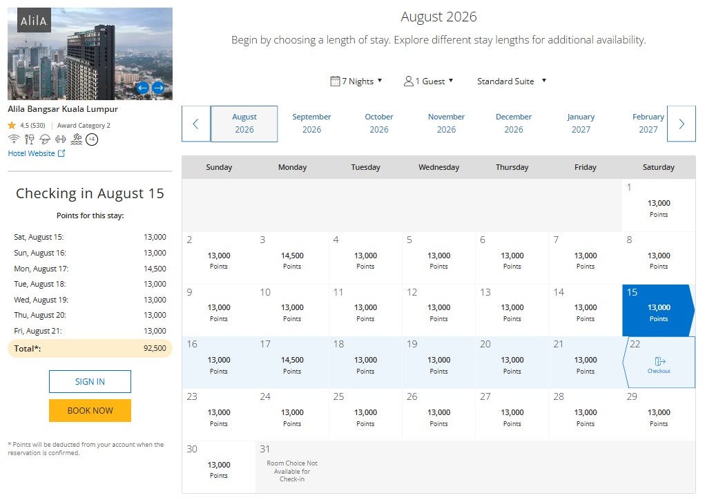 Hyatt points calendar