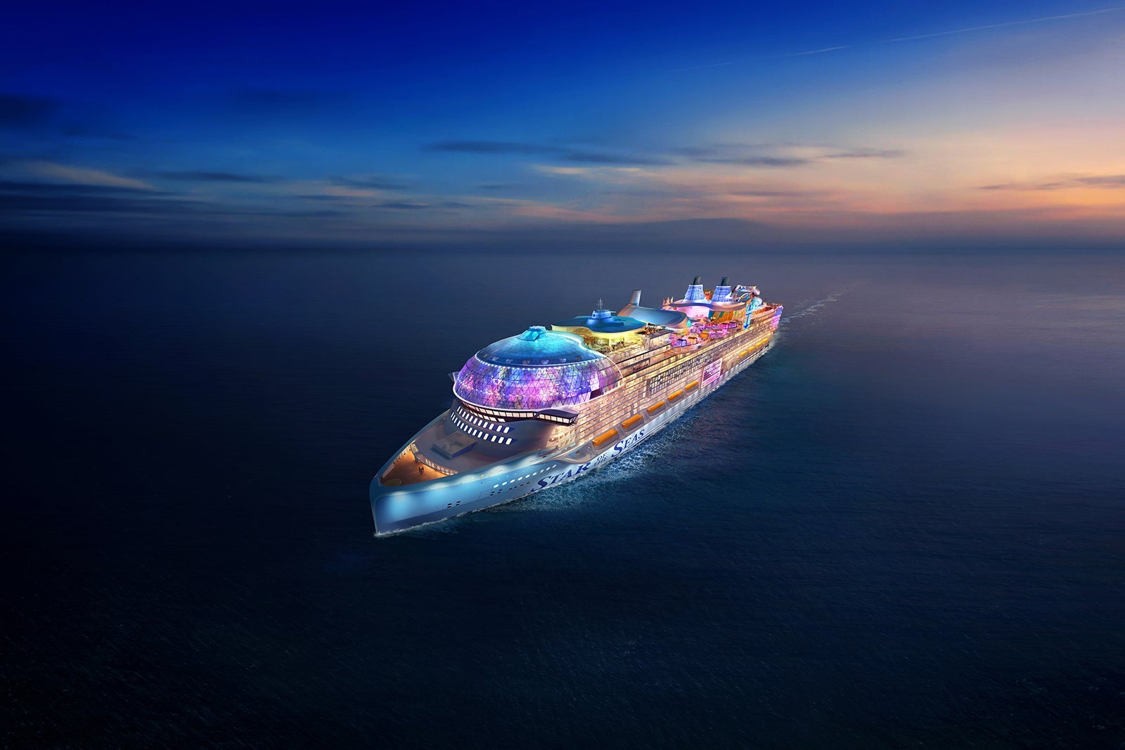 Artist's rendering of Star of the Seas cruise ship at night