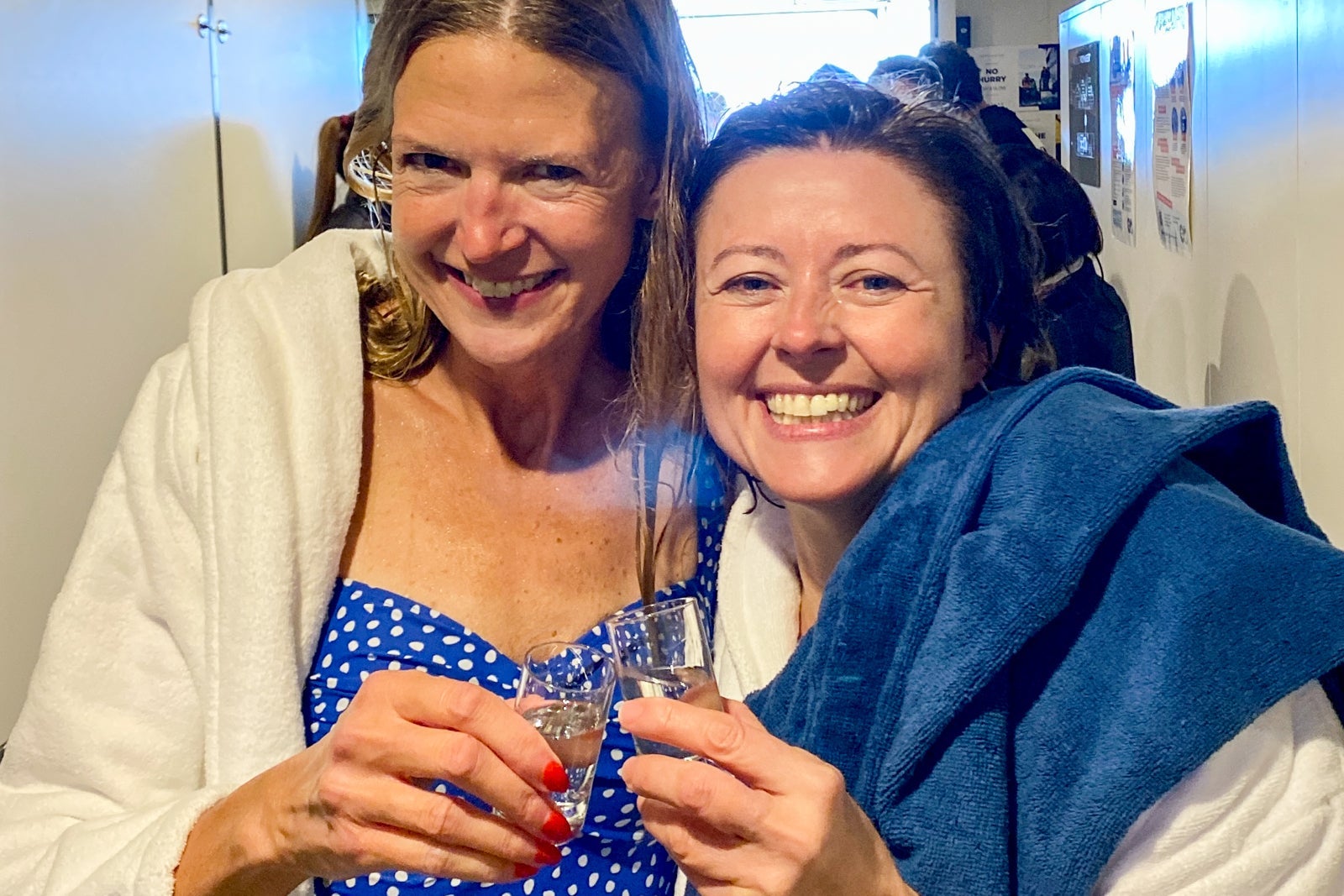 Writer Belinda Luksic (right) celebrates after the polar plunge