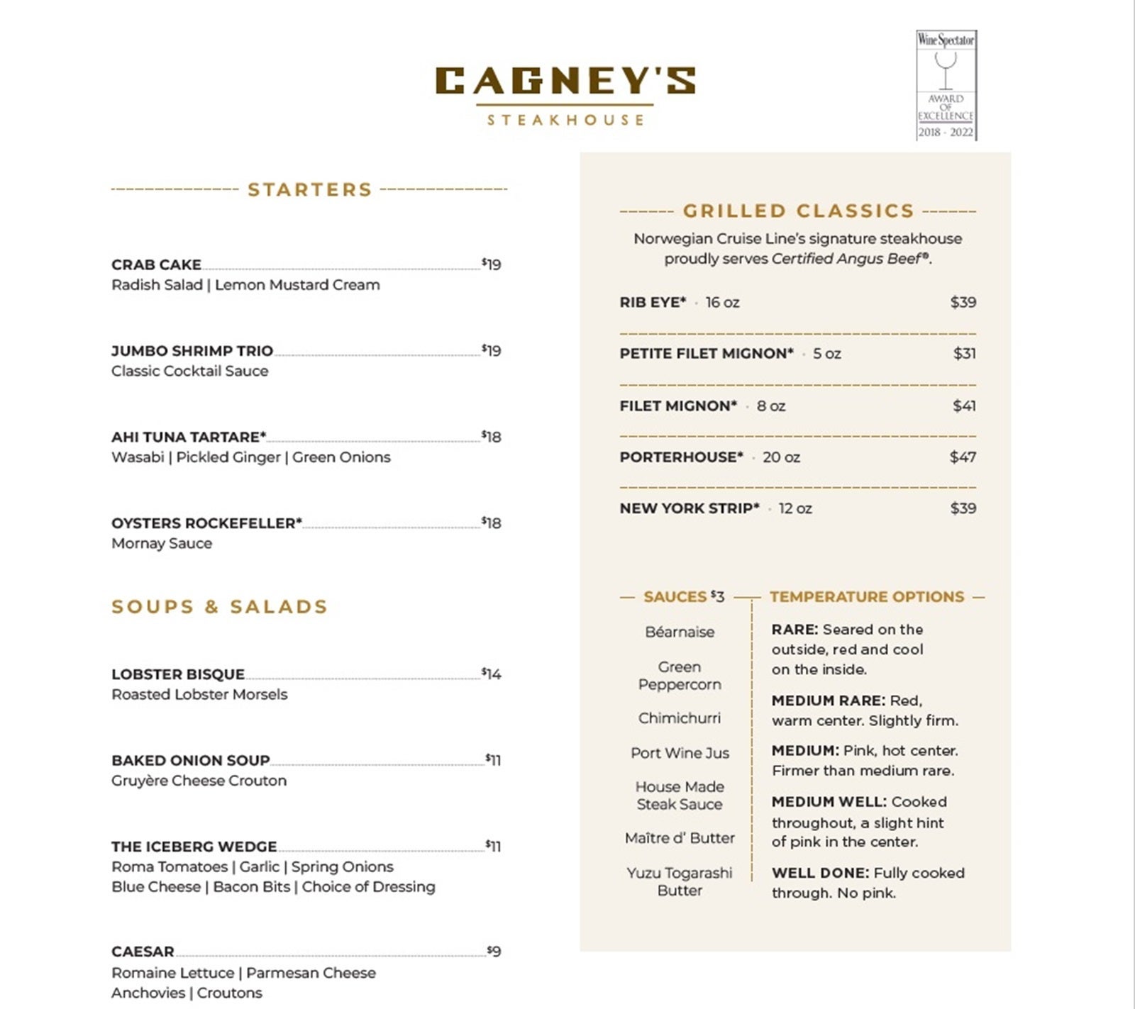 A food menu from Cagney's Steakhouse on Norwegian Cruise Line