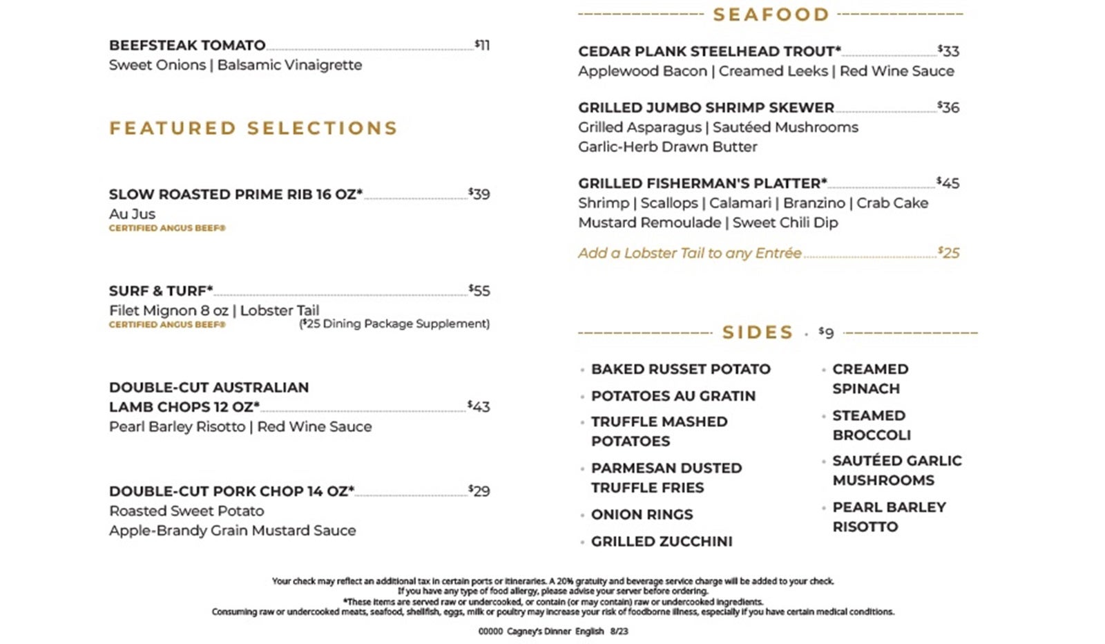 A food menu from Cagney's Steakhouse on Norwegian Cruise Line
