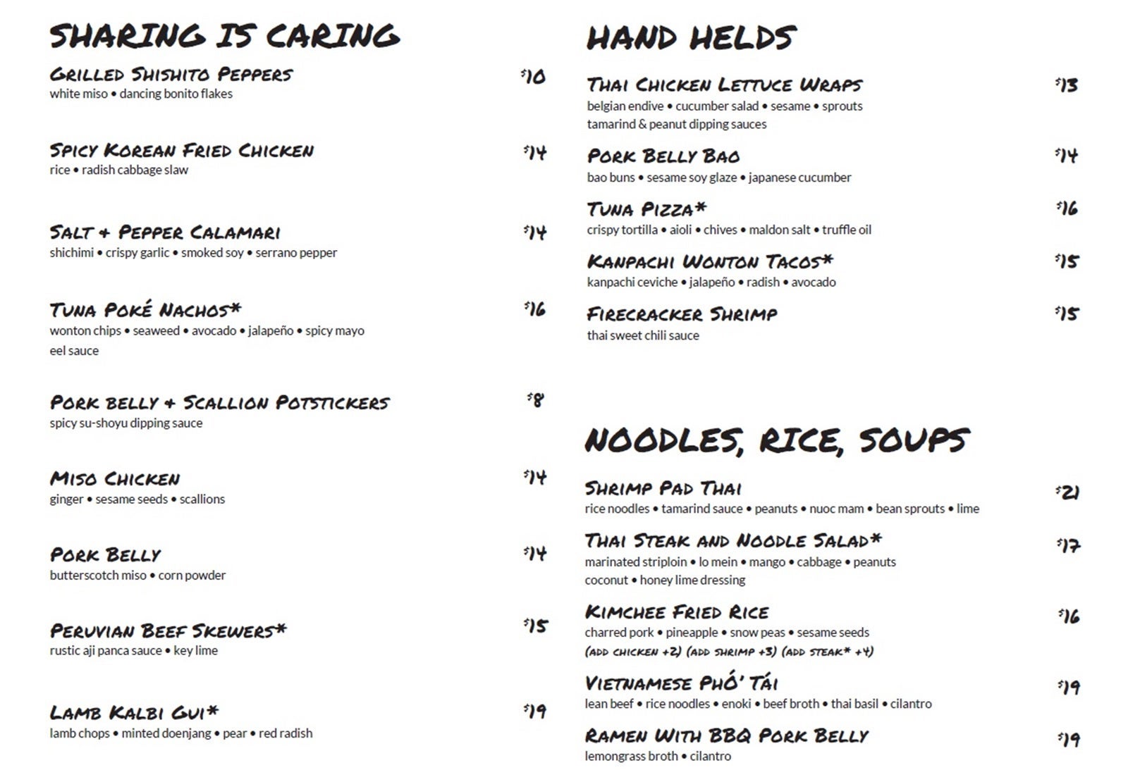 A menu with several categories of food items