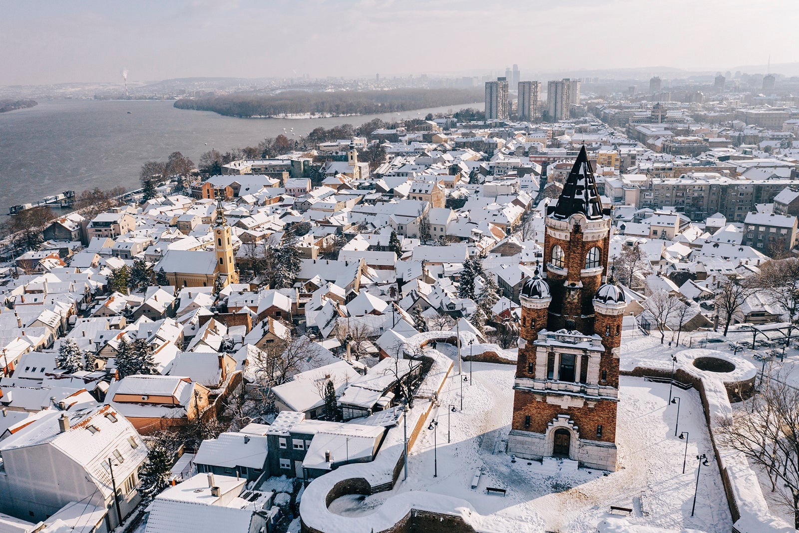 Aerial view of Belgrade in the snow