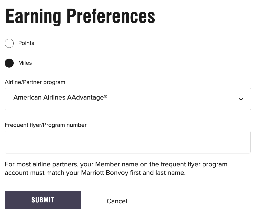 Change Marriott earning preferences to airline miles
