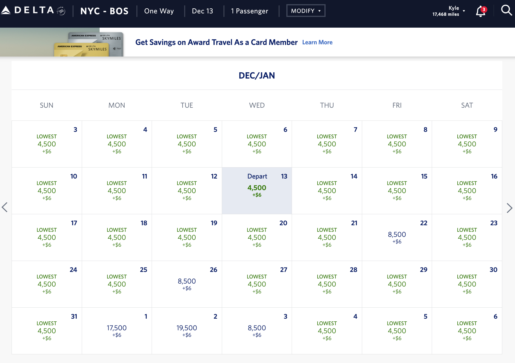 NYC-BOS Dec:Jan Delta SkyMiles