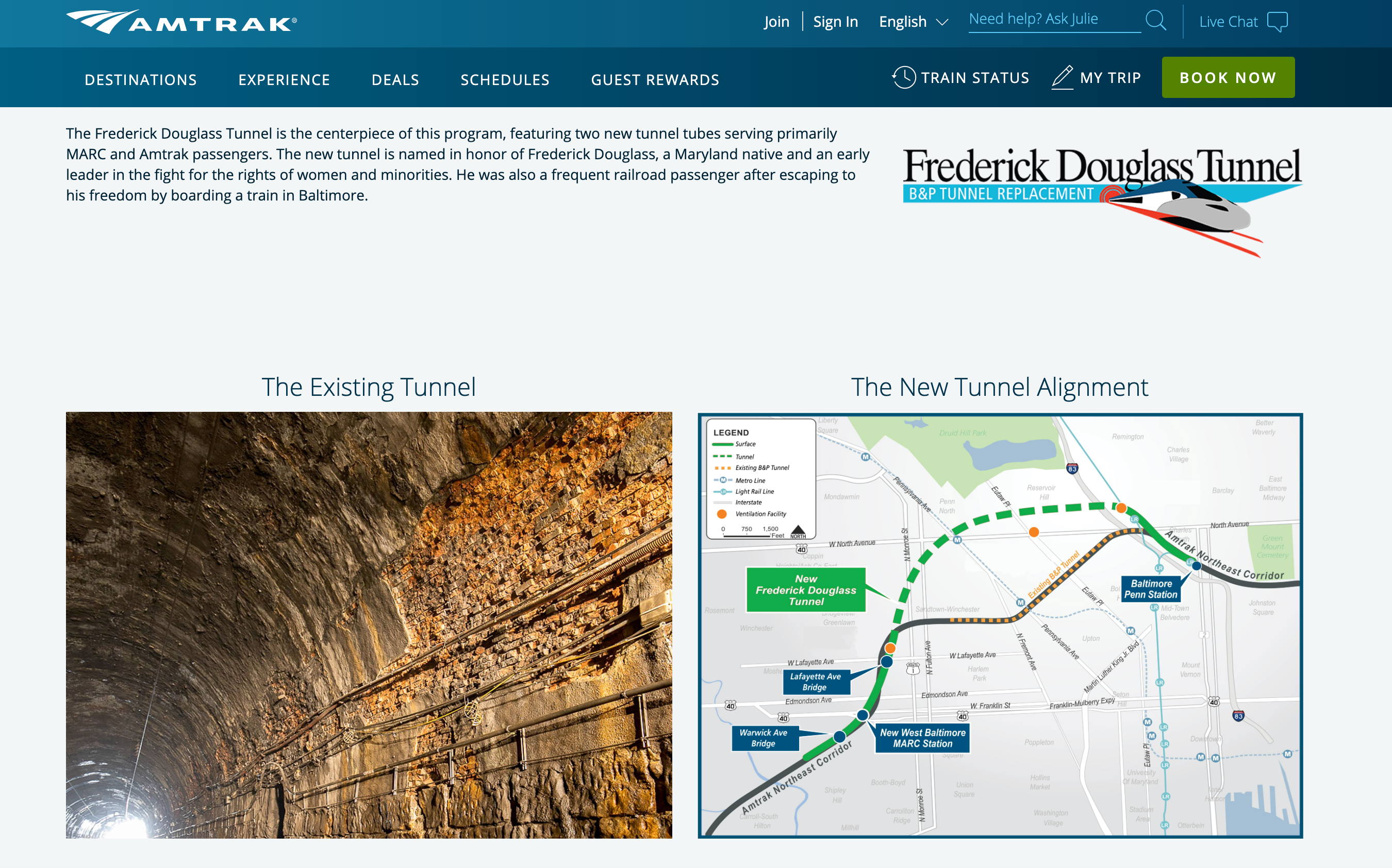 Amtrak's webpage describing the Frederick Douglass Tunnel. AMTRAK