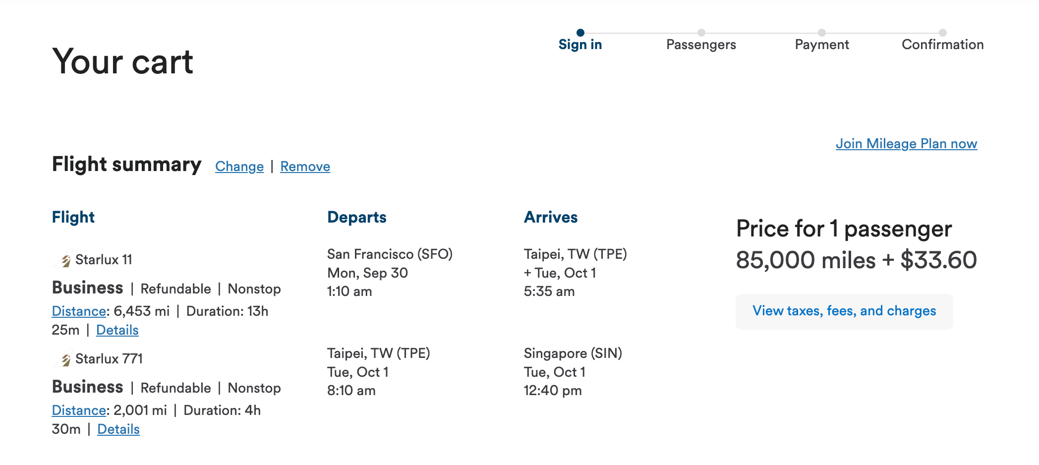 A Starlux award itinerary booked with Alaska miles