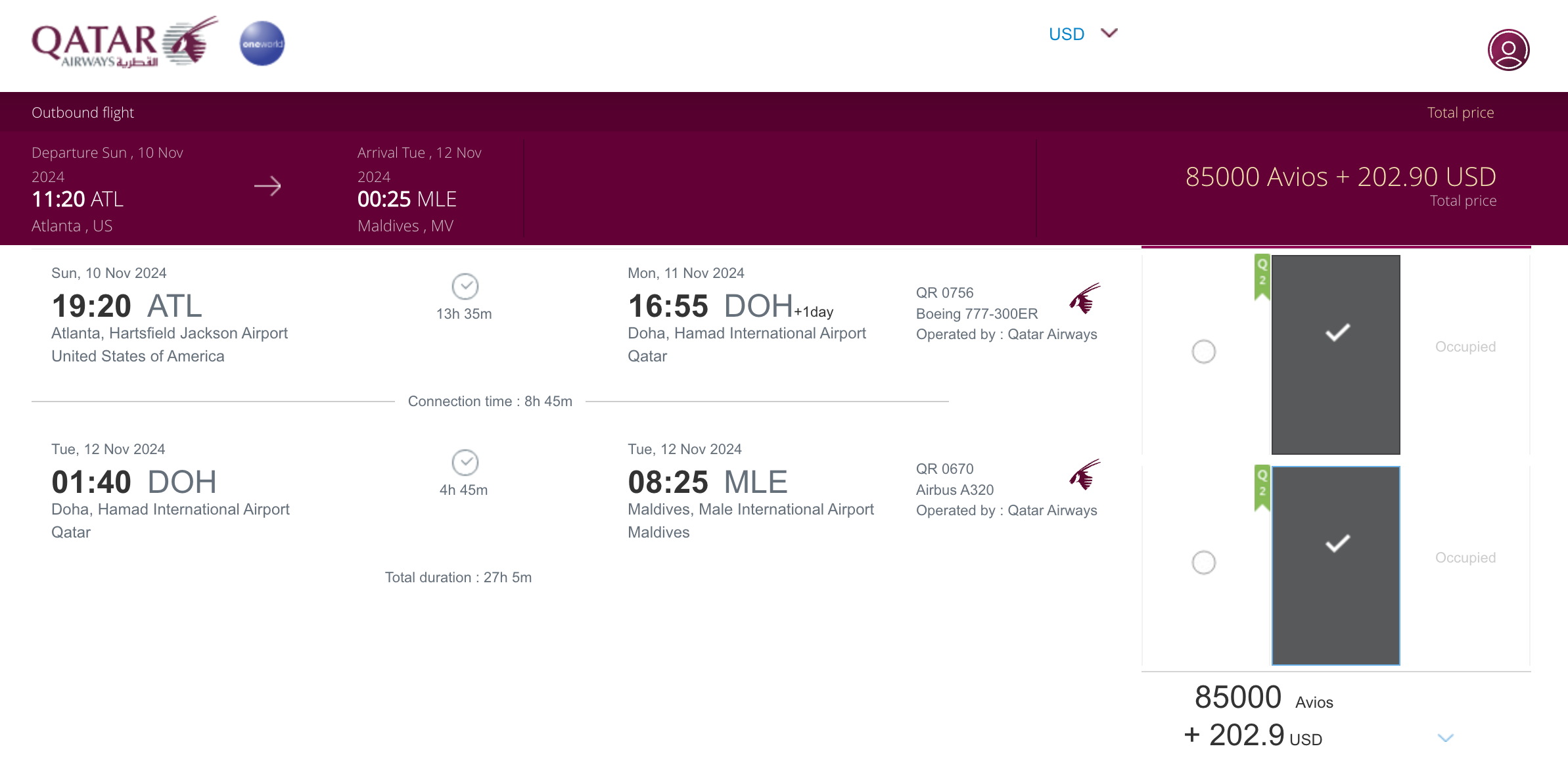Booking Qatar Qsuite through Qatar Privilege Club from Atlanta to the Maldives