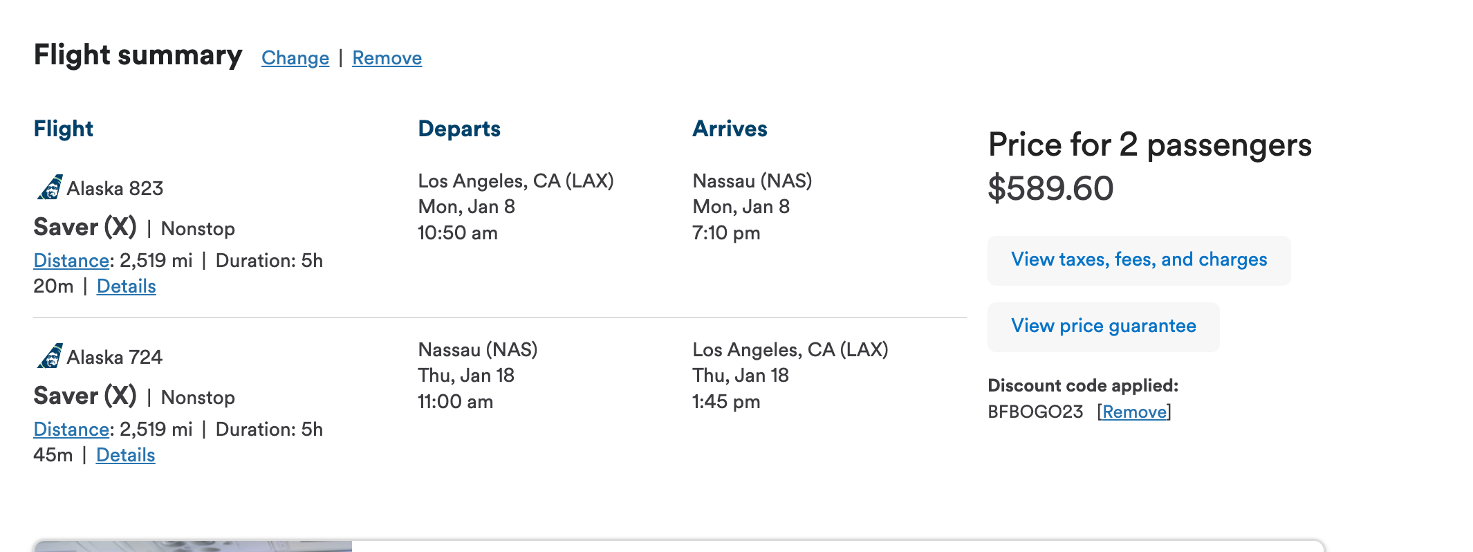 Alaska Airlines pricing for flight to the Bahamas.