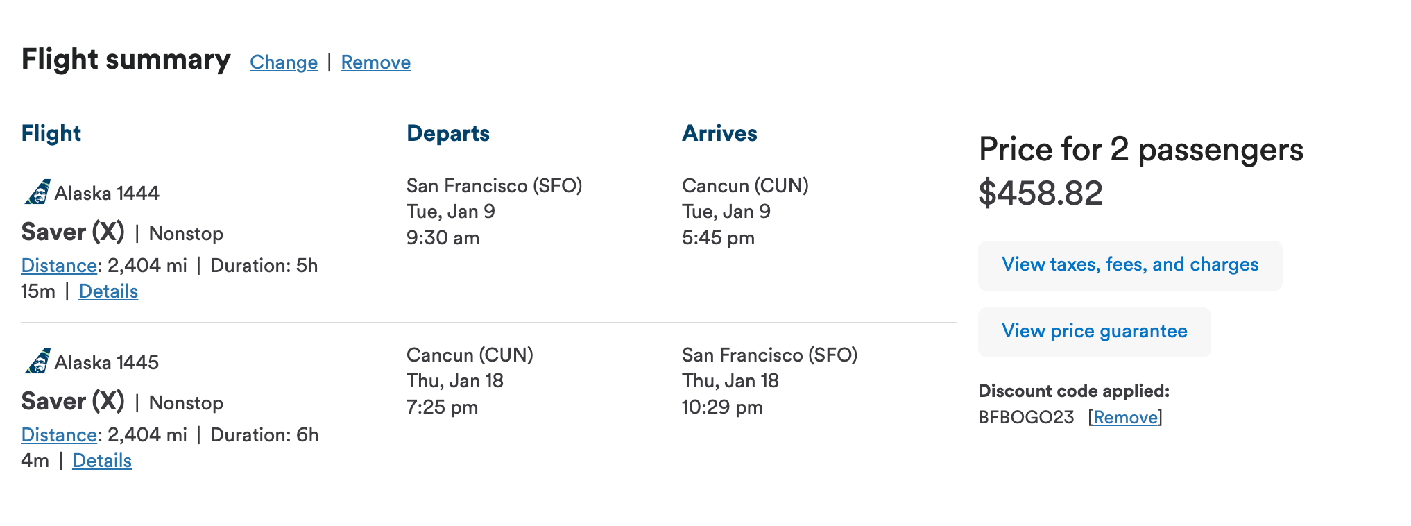 Alaska Airlines pricing for flight to Cancun.