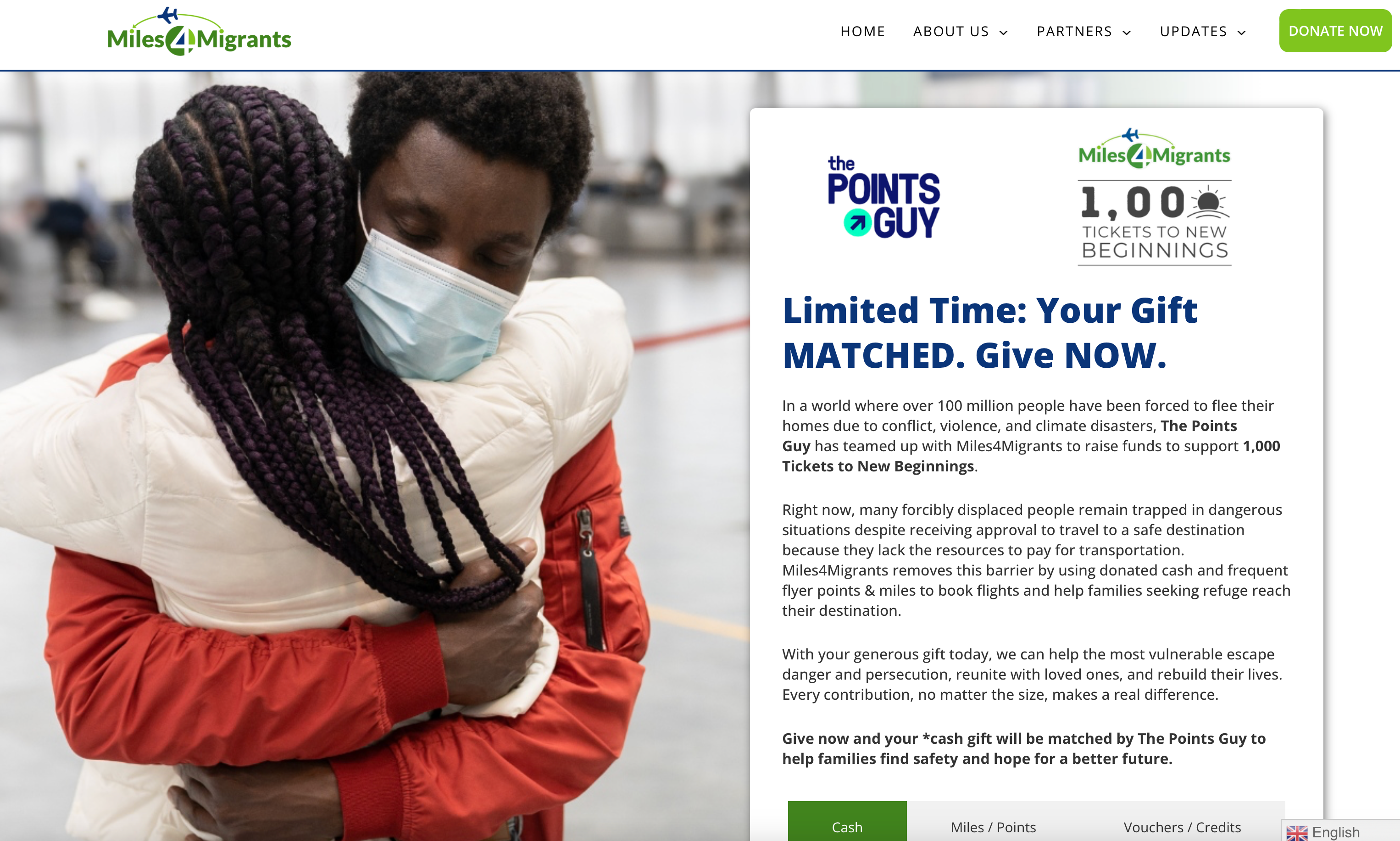Website for Miles4Migrants donations.