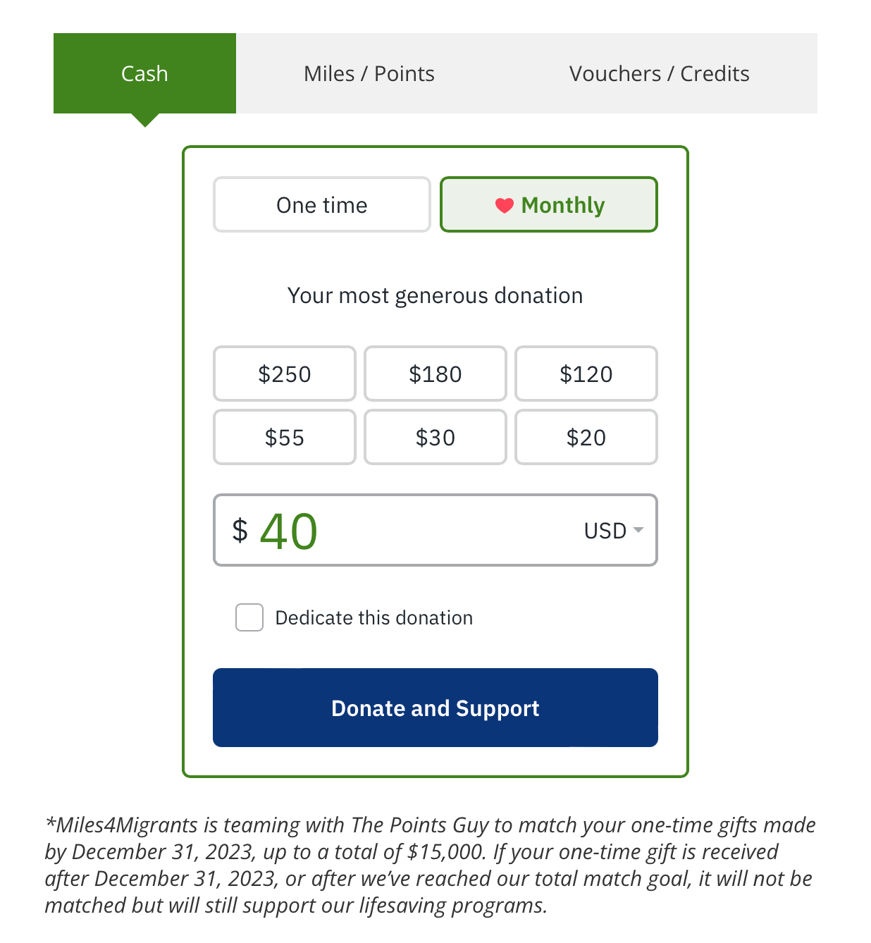 Miles4Migrants donation page.
