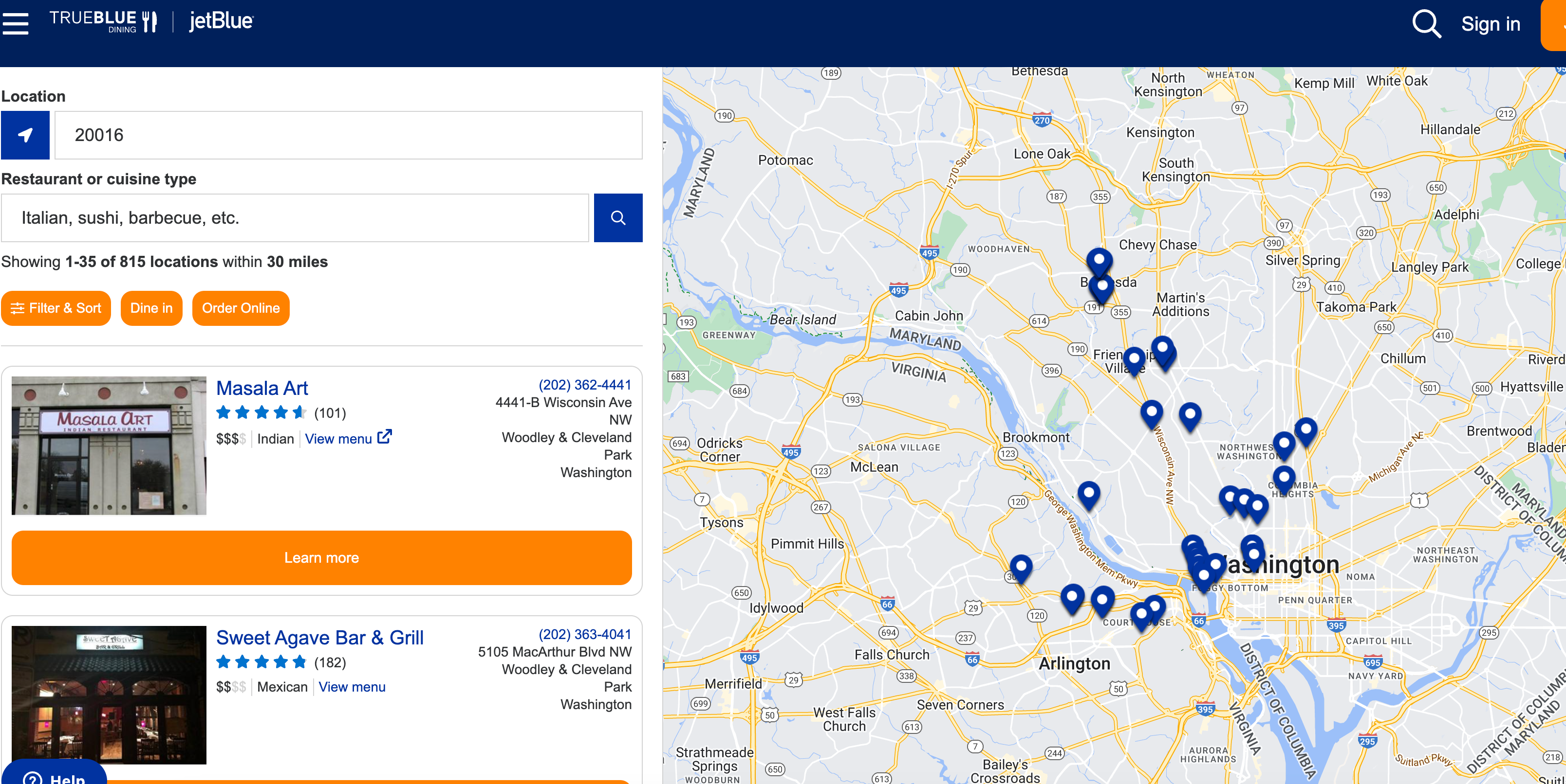 TrueBlue Dining search