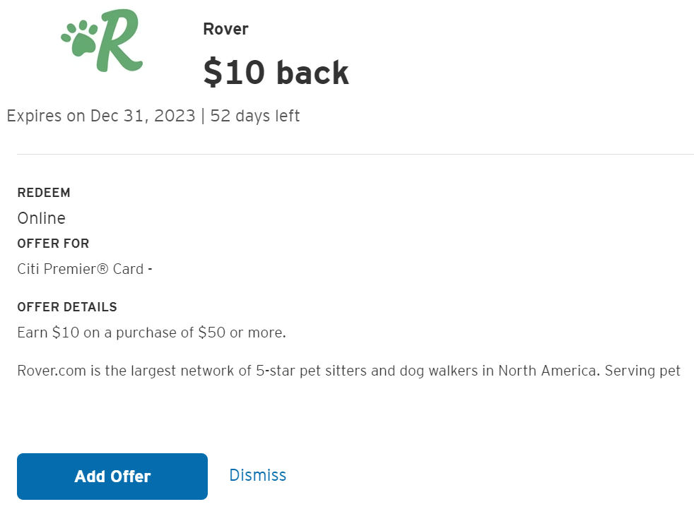 Citi Merchant Offer for Rover