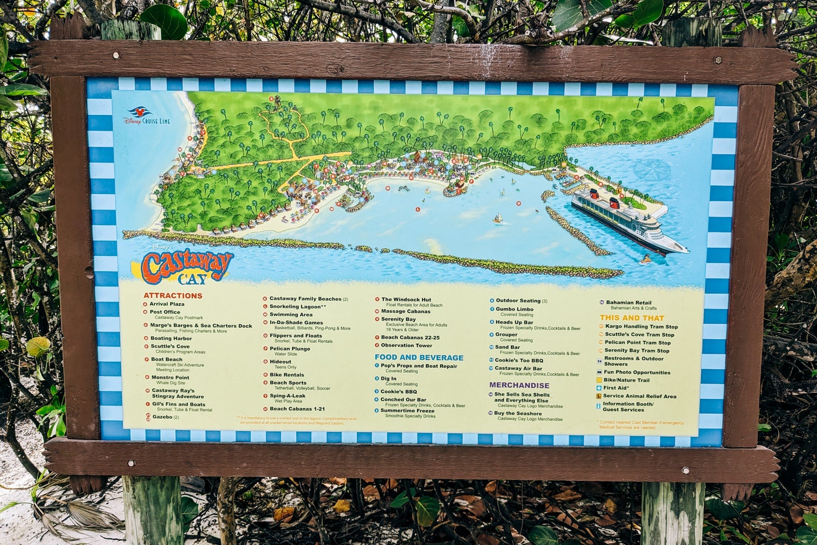 Map pf Castaway Cay set against green bushes