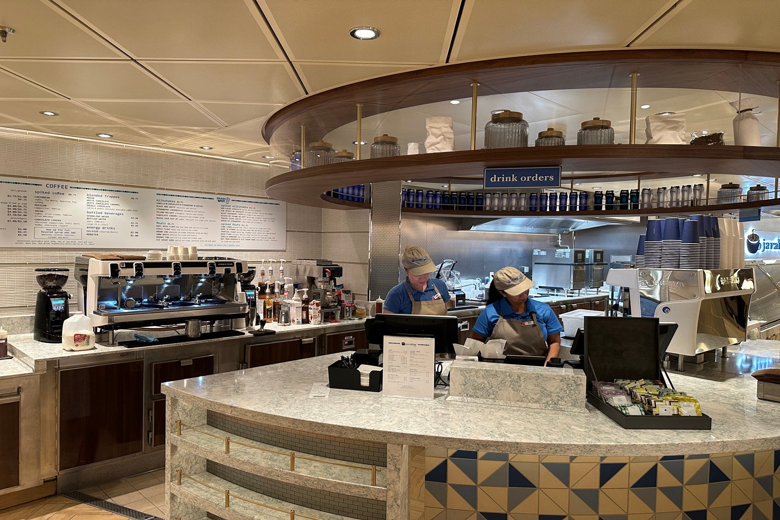 A neutral-colored cruise ship cafe