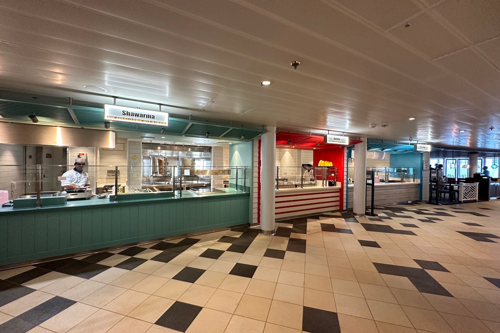 Several stations set up at a cruise ship buffet