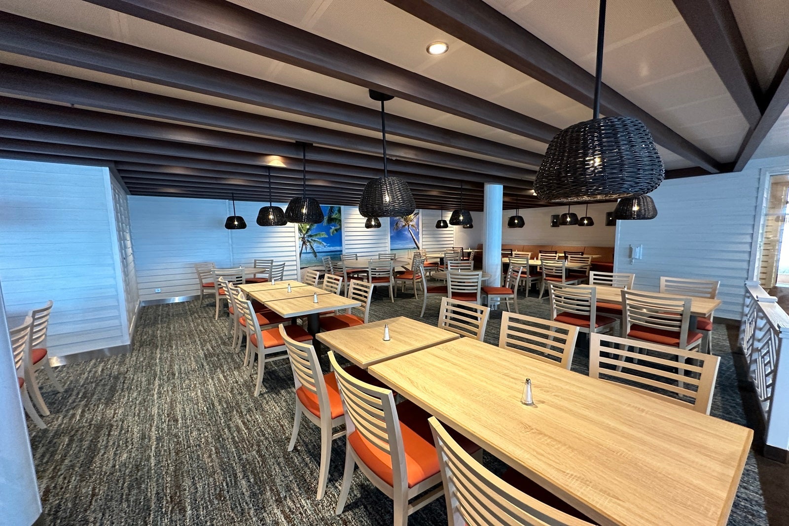 Tables and chairs at a cruise ship buffet