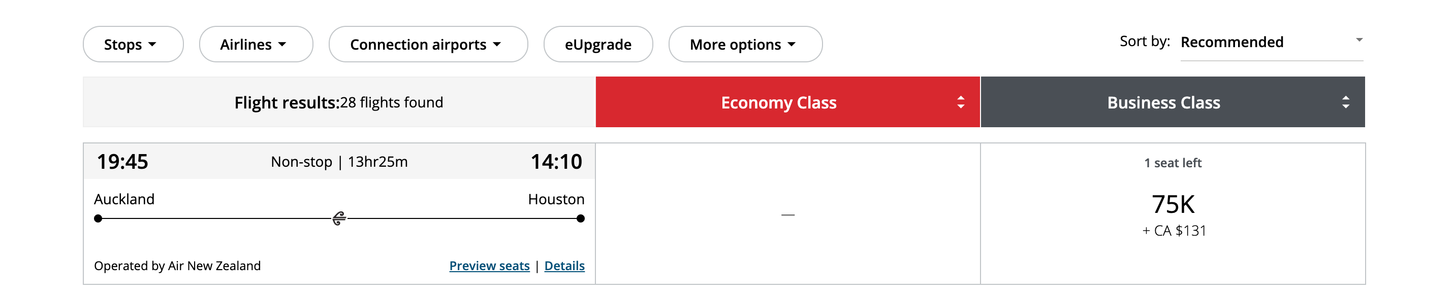Booking screen using Aeroplan miles from Auckland to Houston.