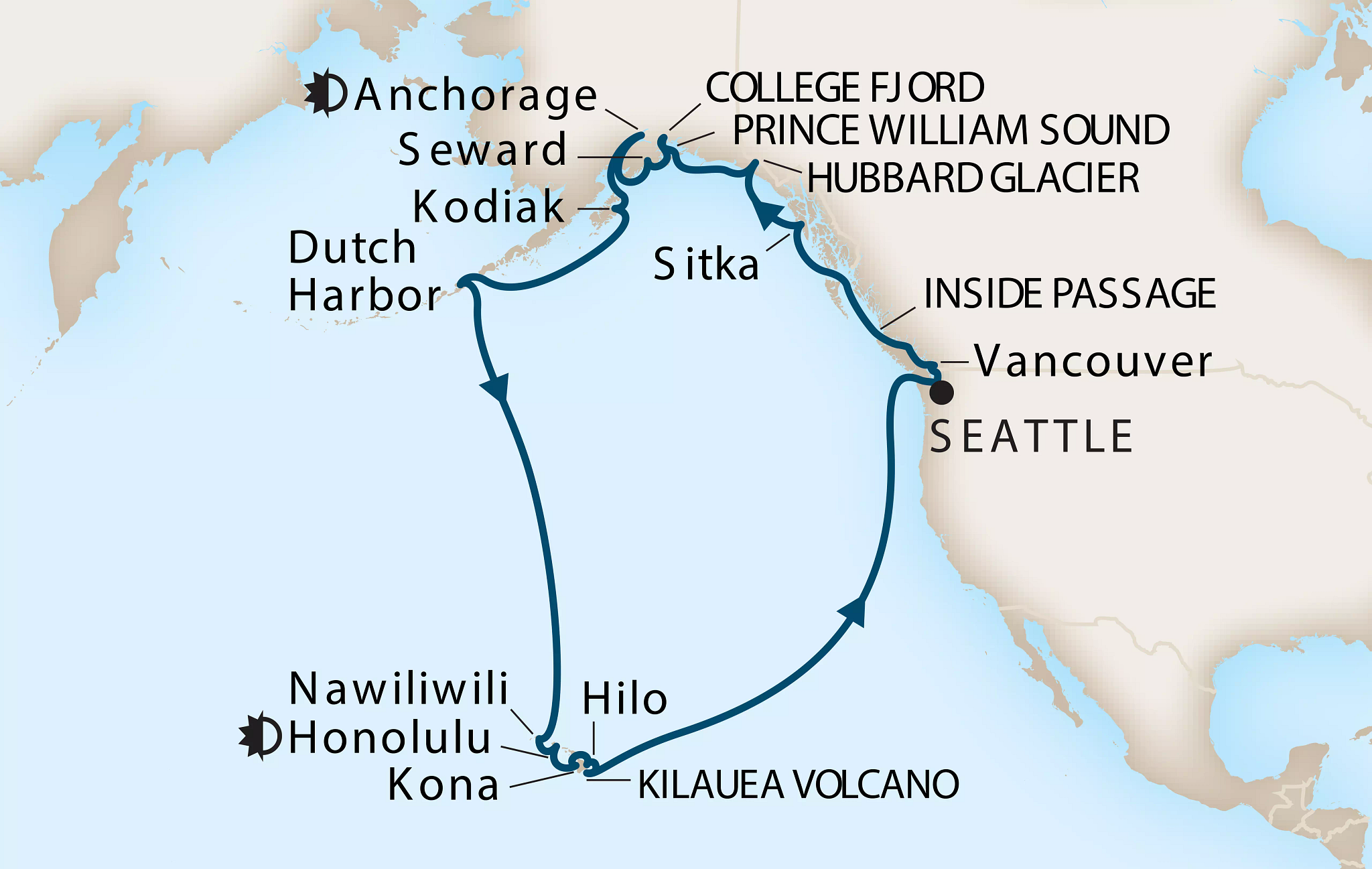 Itinerary map for Alaska and Hawaii sailing
