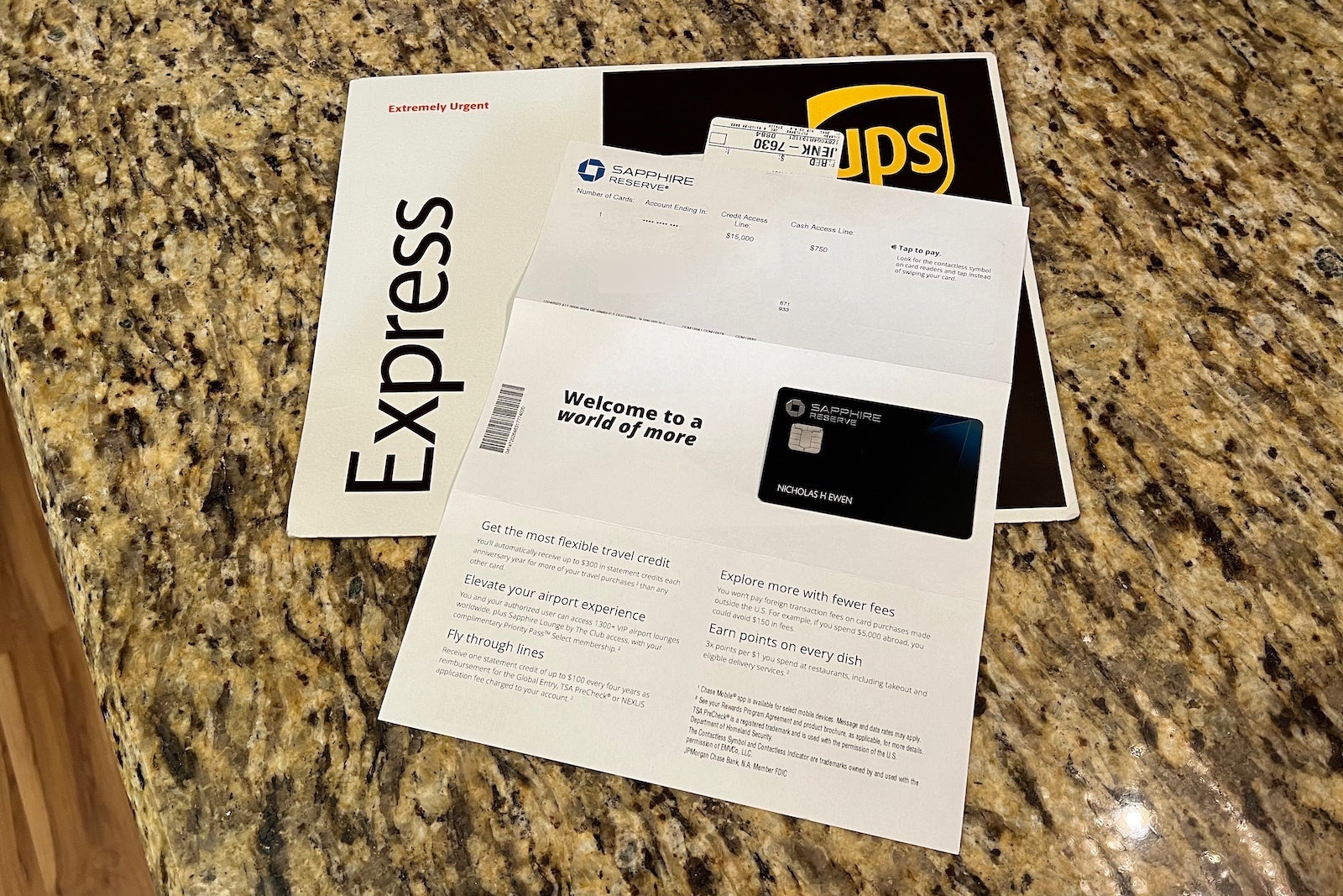 A UPS Express envelope with Nick Ewen's new Sapphire Reserve card