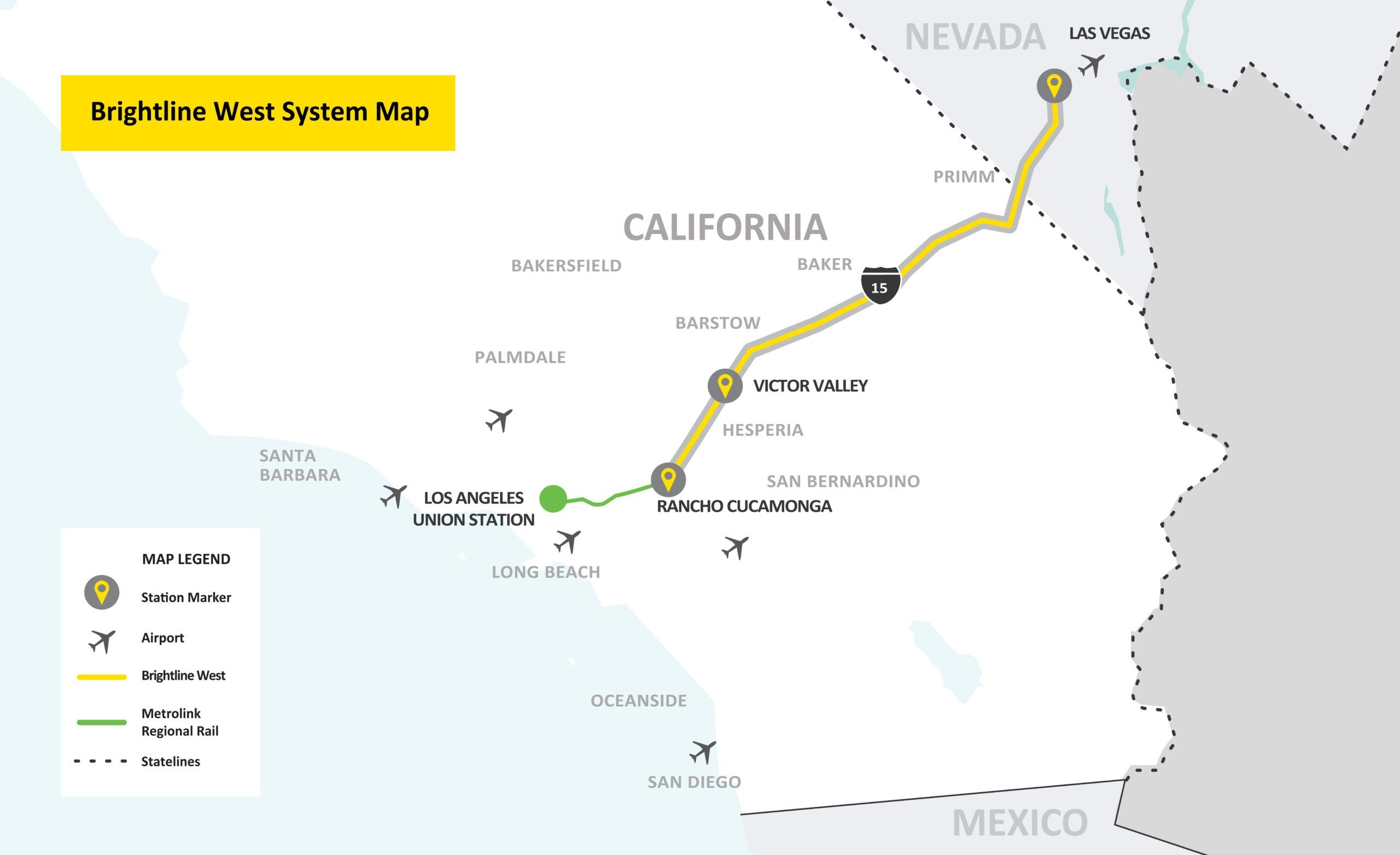 Brightline West route map between Las Vegas and Los Angeles. BRIGHTLINE