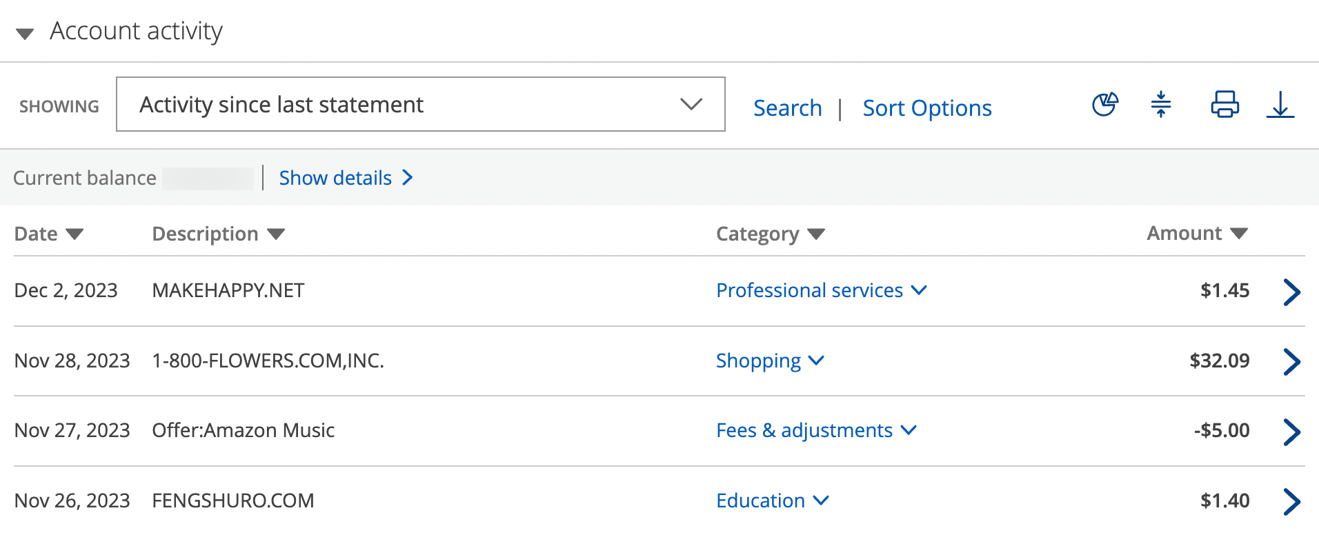 Online activity on a Chase credit card, including two fraudulent transactions