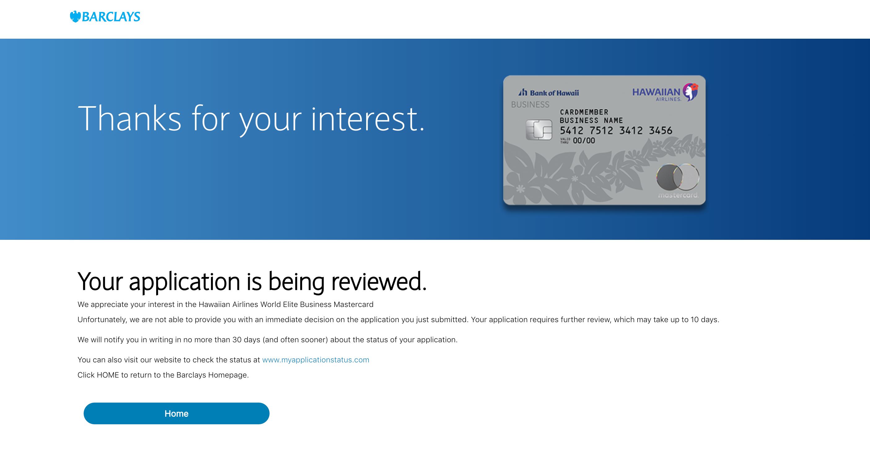 Hawaiian Airlines WorldElite Business Mastercard notification after applying online. 