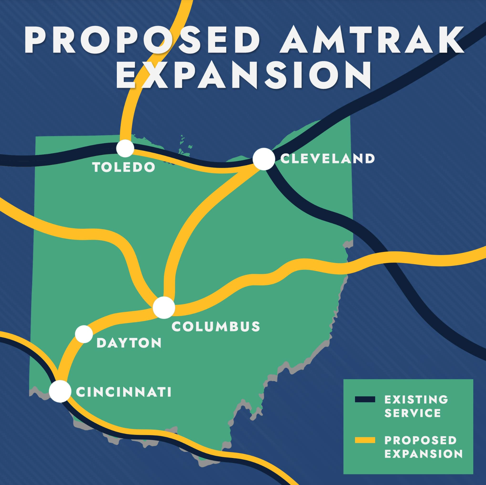 Map of potential Ohio Amtrak routing.