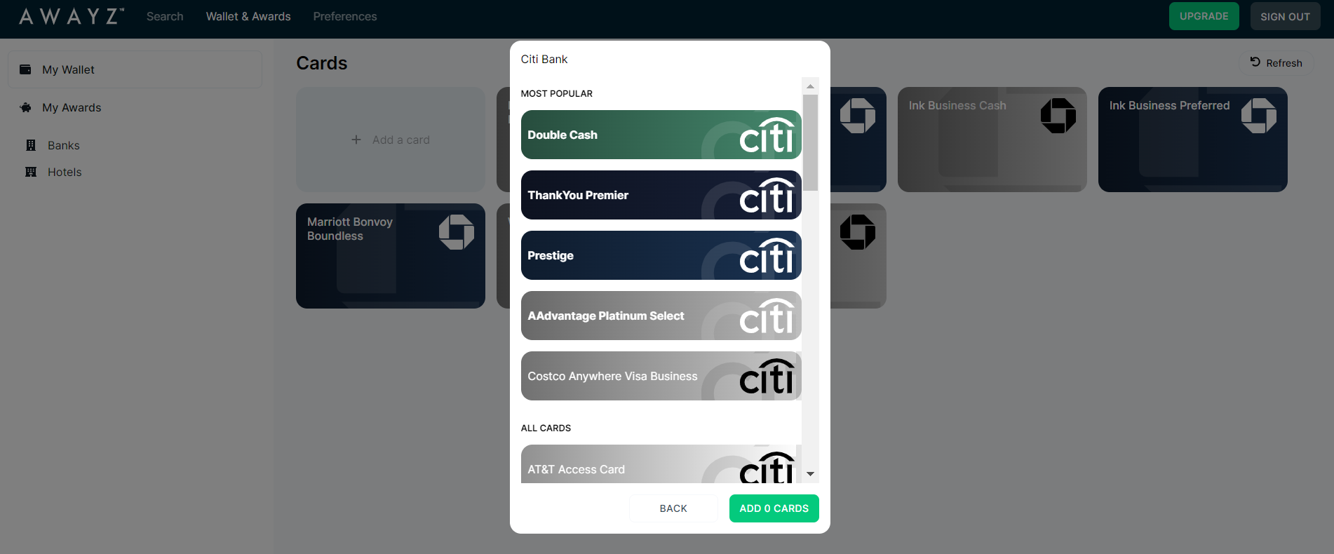Select cards in Awayz