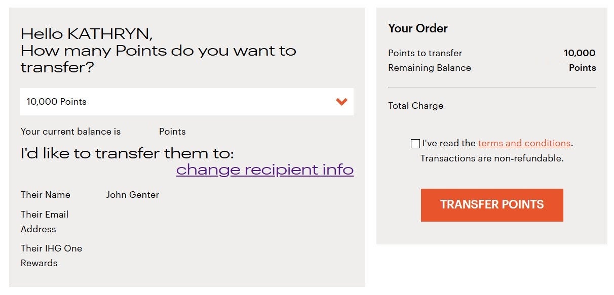 Transferring IHG points to another member