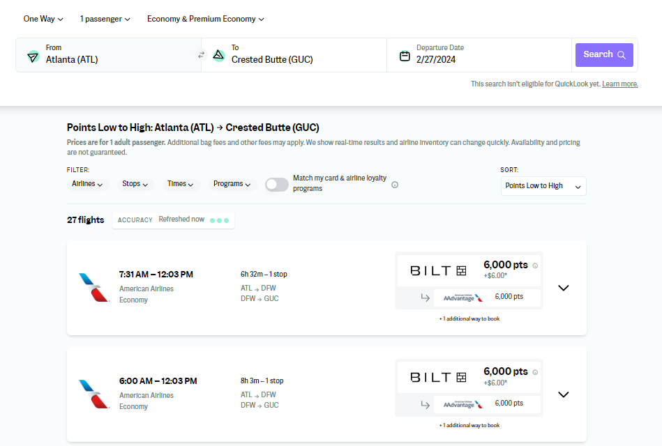 Point.me search results