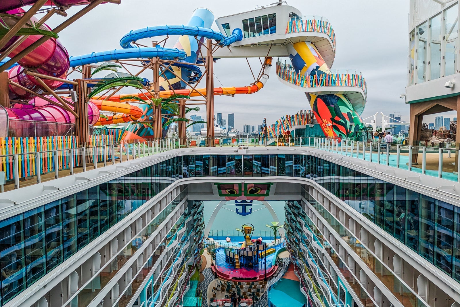Overhead view of Icon of the Seas, showing Surfside neighborhood and water park