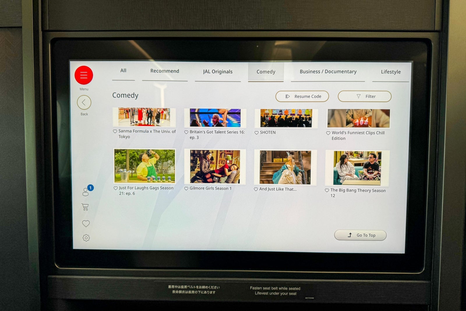 entertainment on Japan Airlines Inaugural