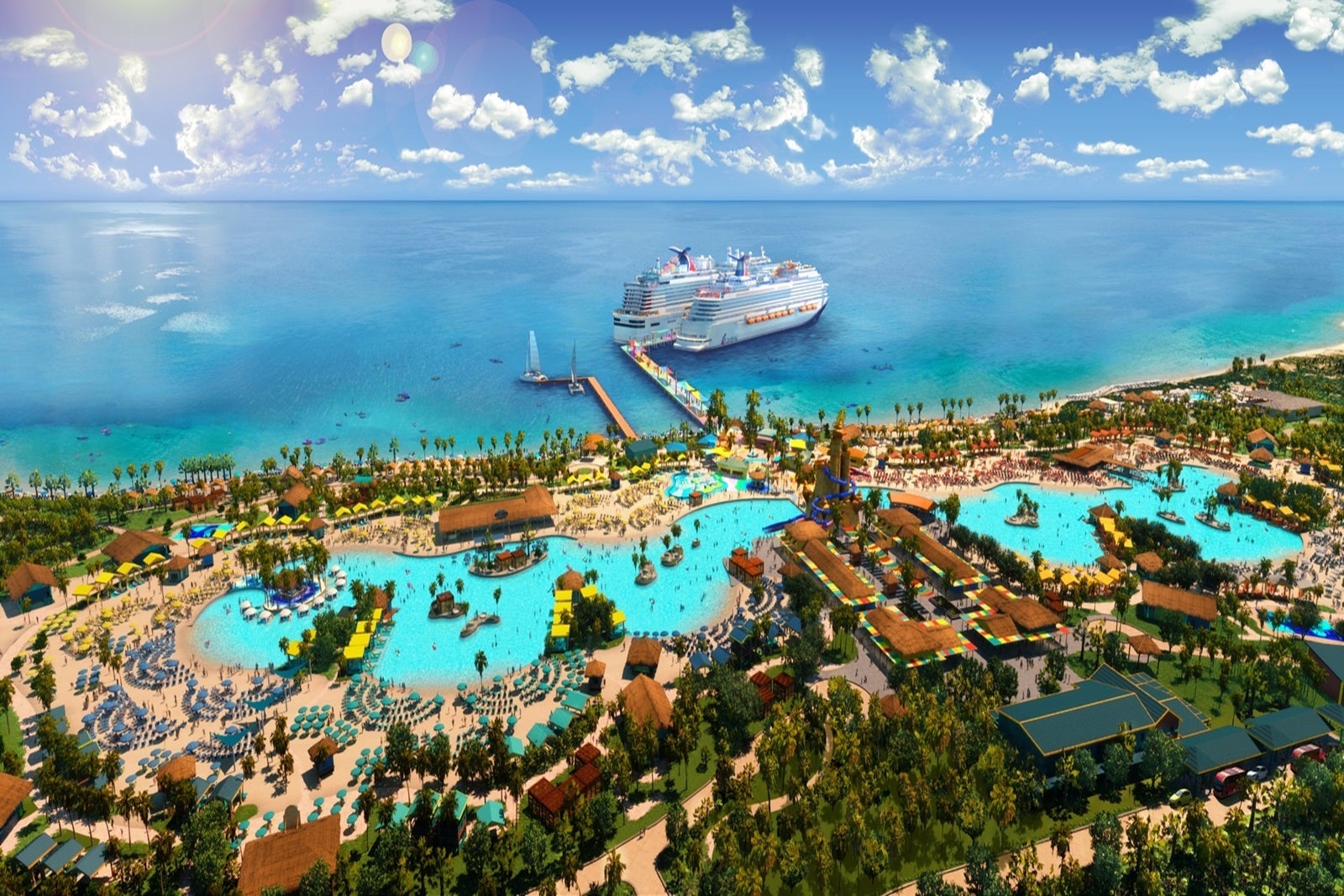 An aerial rendering of new private destination Celebration Key with two ships docked nearby