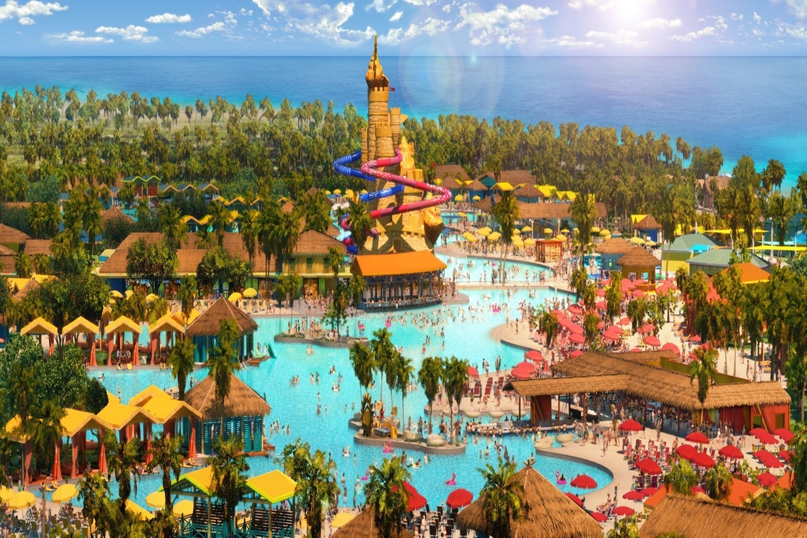 Aerial view of private destination Celebration Key with large sandcastle waterslide structure in the middle