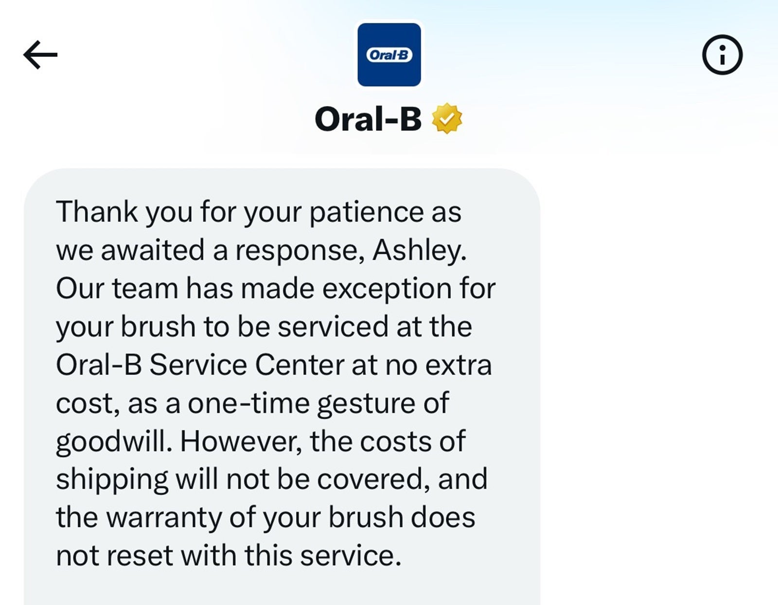 A Twitter direct message from Oral-B saying it would repair a broken toothbrush