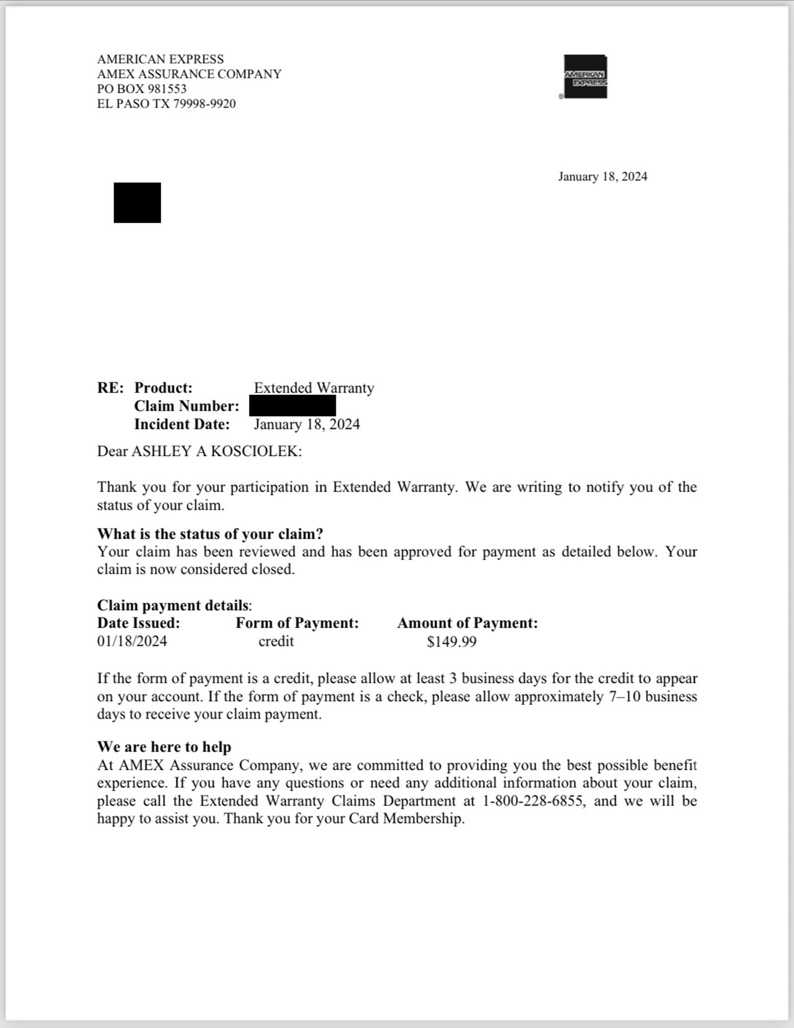 An e-mail from American Express to verify an extended warranty claim payout