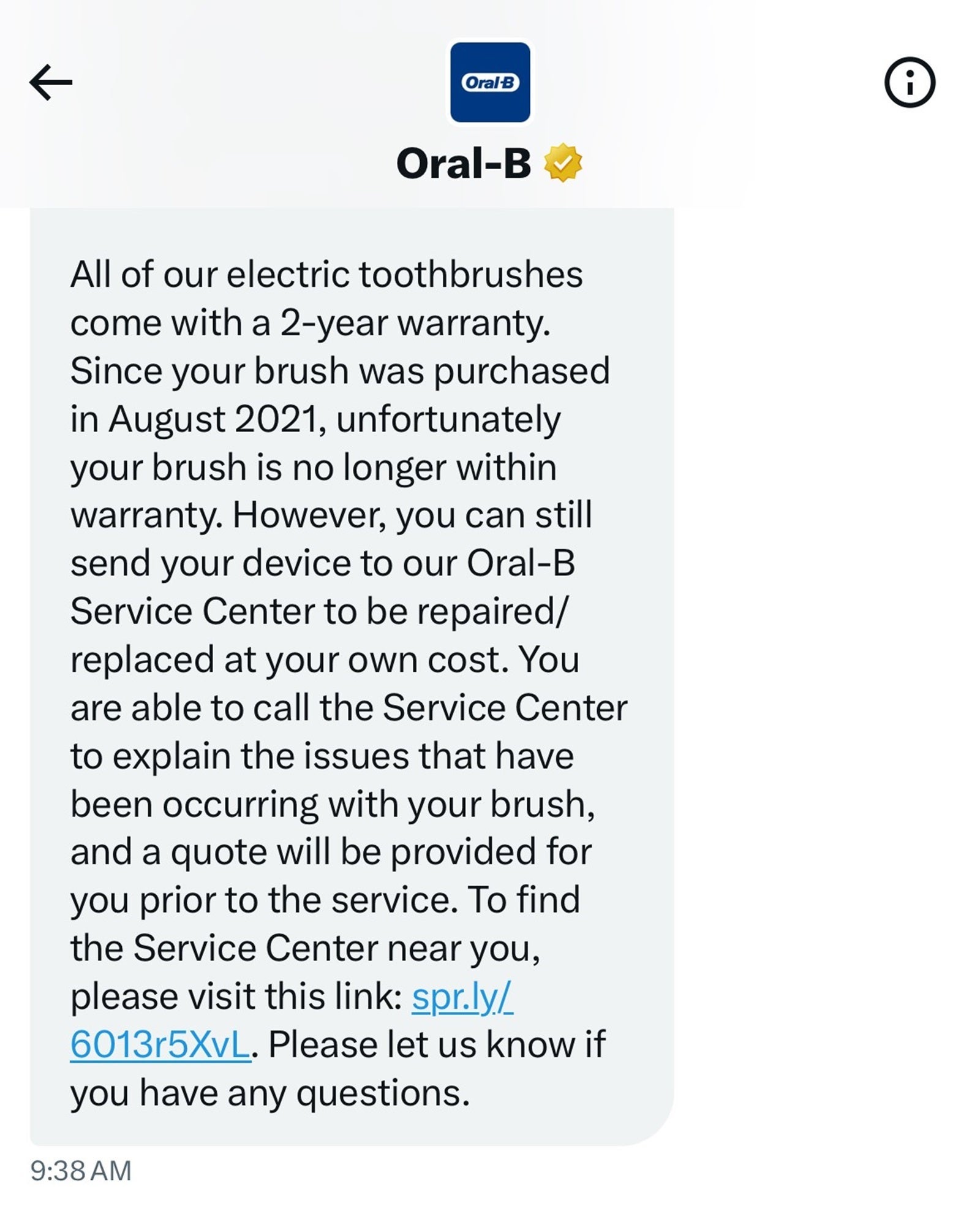 A Twitter direct message from Oral-B denying a claim for a broken toothbrush