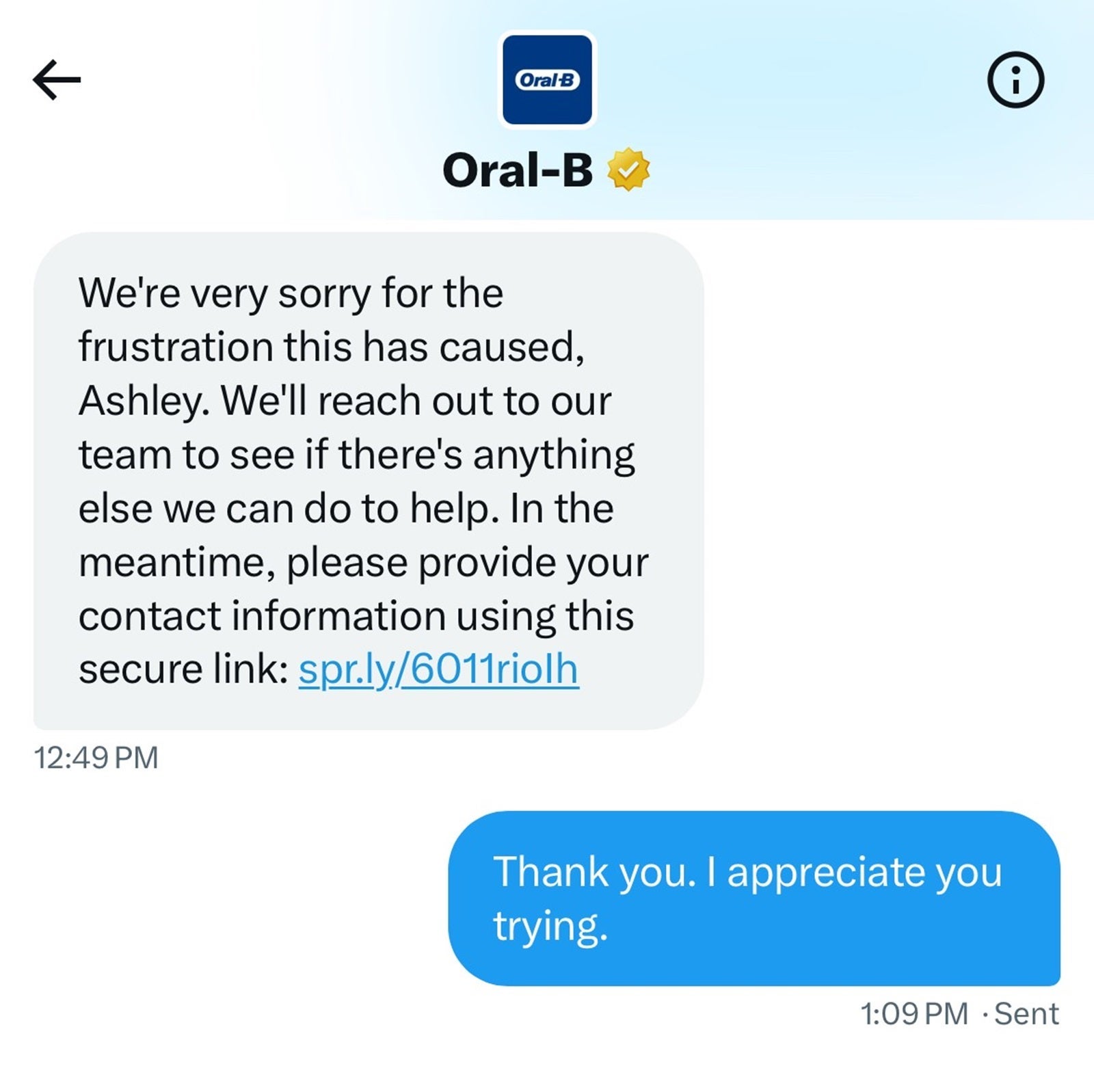 A Twitter direct message from Oral-B saying they'll see if they can make an exception about a broken toothbrush
