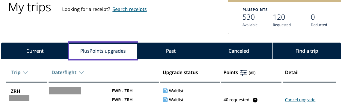 the my trips page on united